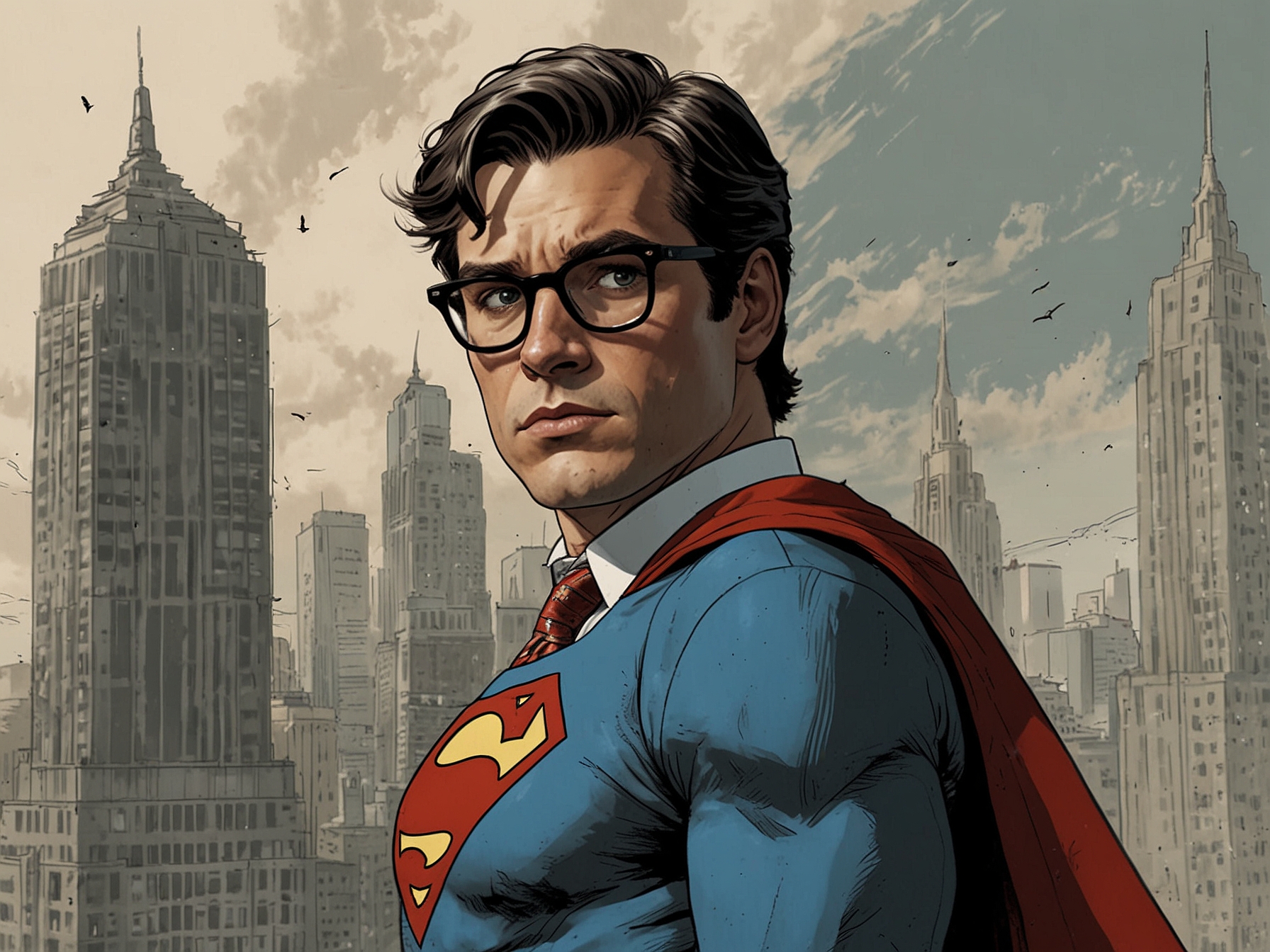 Clark Kent in 'My Adventures With Superman', sporting his iconic suit and cape, flying high above Metropolis while reflecting on his dual identity as a hero and everyday journalist.