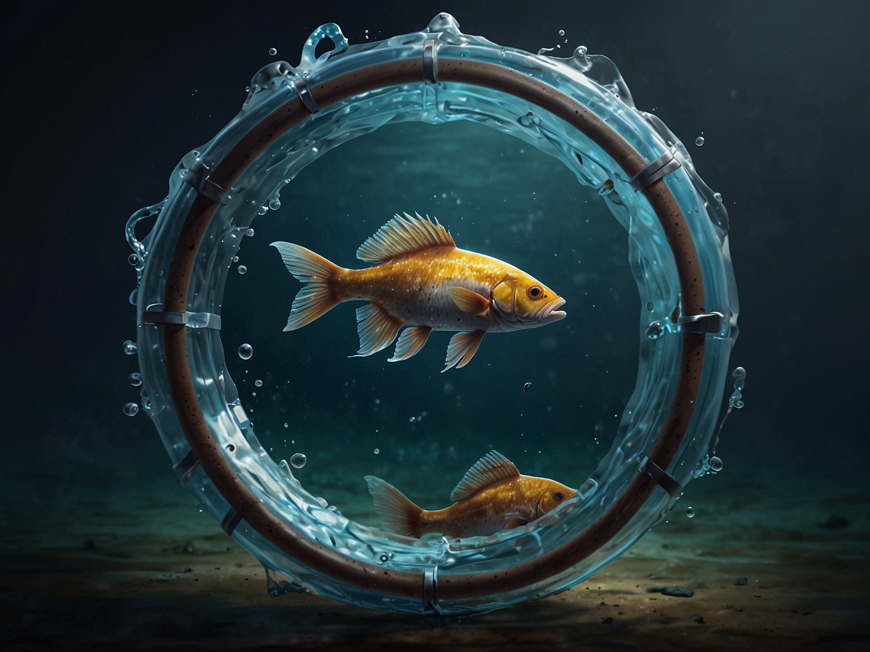 An image showing a fish trapped in a plastic 6-pack ring, illustrating the severe threat these rings pose to marine animals. The fish's movement is restricted, showcasing the dangers of plastic waste in oceans.
