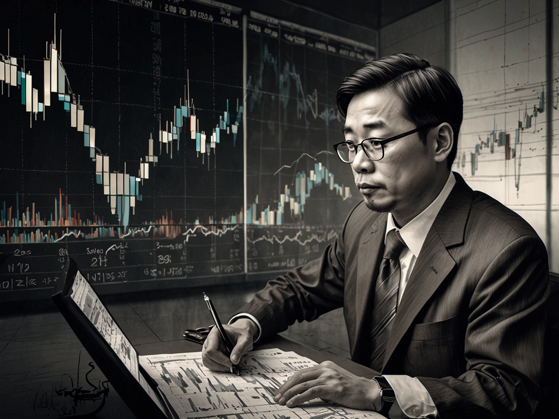 An illustration of an investor analyzing market charts, reflecting the anticipation of Chinese economic data that could influence the Asian financial markets significantly.