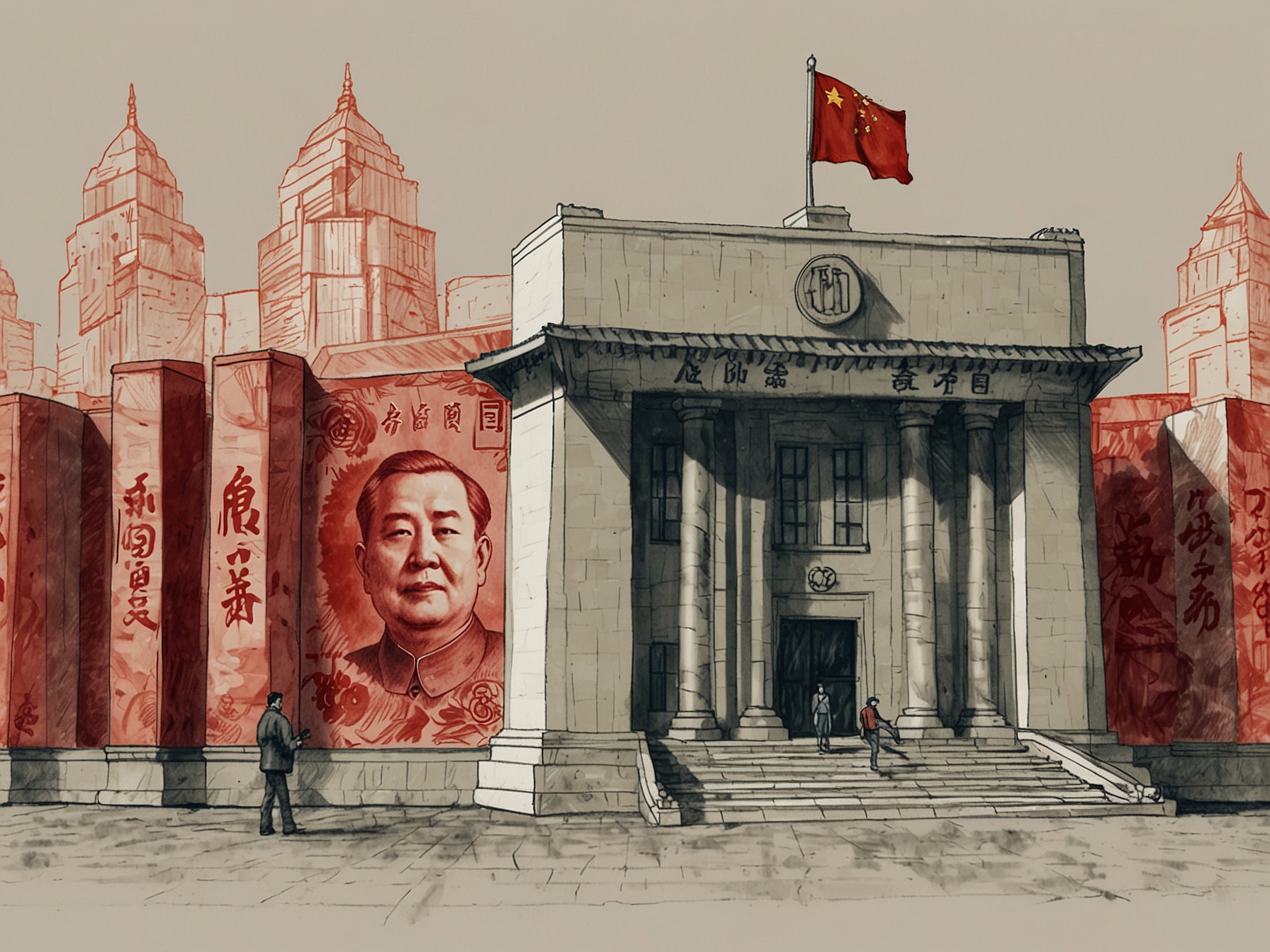 A depiction of the People's Bank of China, symbolizing potential monetary policy moves, such as cutting key lending rates, to stimulate the Chinese economy amid weak bank lending data.