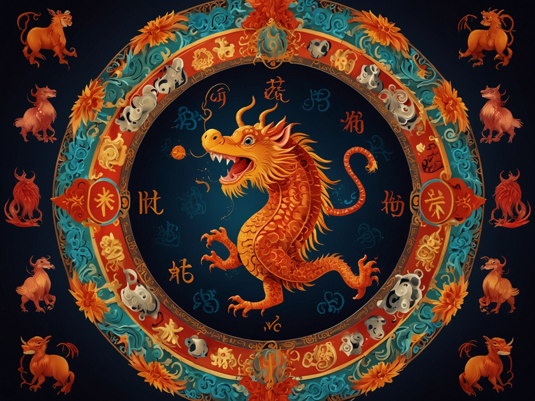 A captivating illustration of the twelve Chinese zodiac signs arranged in a circle with the Dragon, Rat, Horse, Goat, and Monkey highlighted in vibrant colors, symbolizing their luck this week.