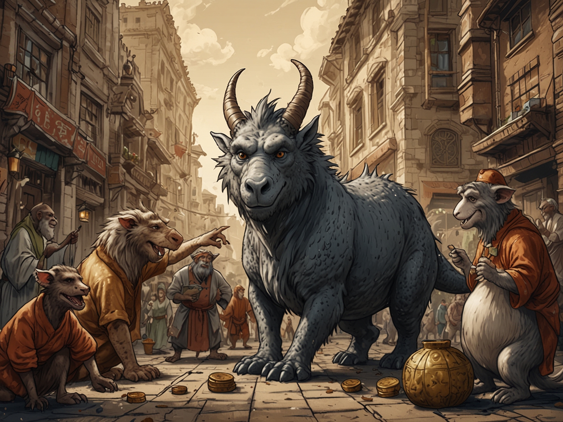 Artistic depiction of a Dragon confidently leading a group, a Rat counting coins, a Horse networking at an event, a Goat enjoying harmonious relationships, and a Monkey solving problems creatively.