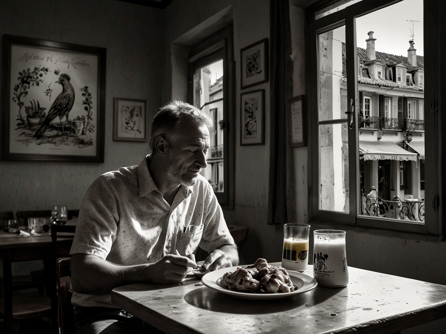 A traveler savoring a plate of authentic peri peri chicken at a quaint Portuguese restaurant in Lisbon, capturing the vibrant, rustic atmosphere of the local eatery.