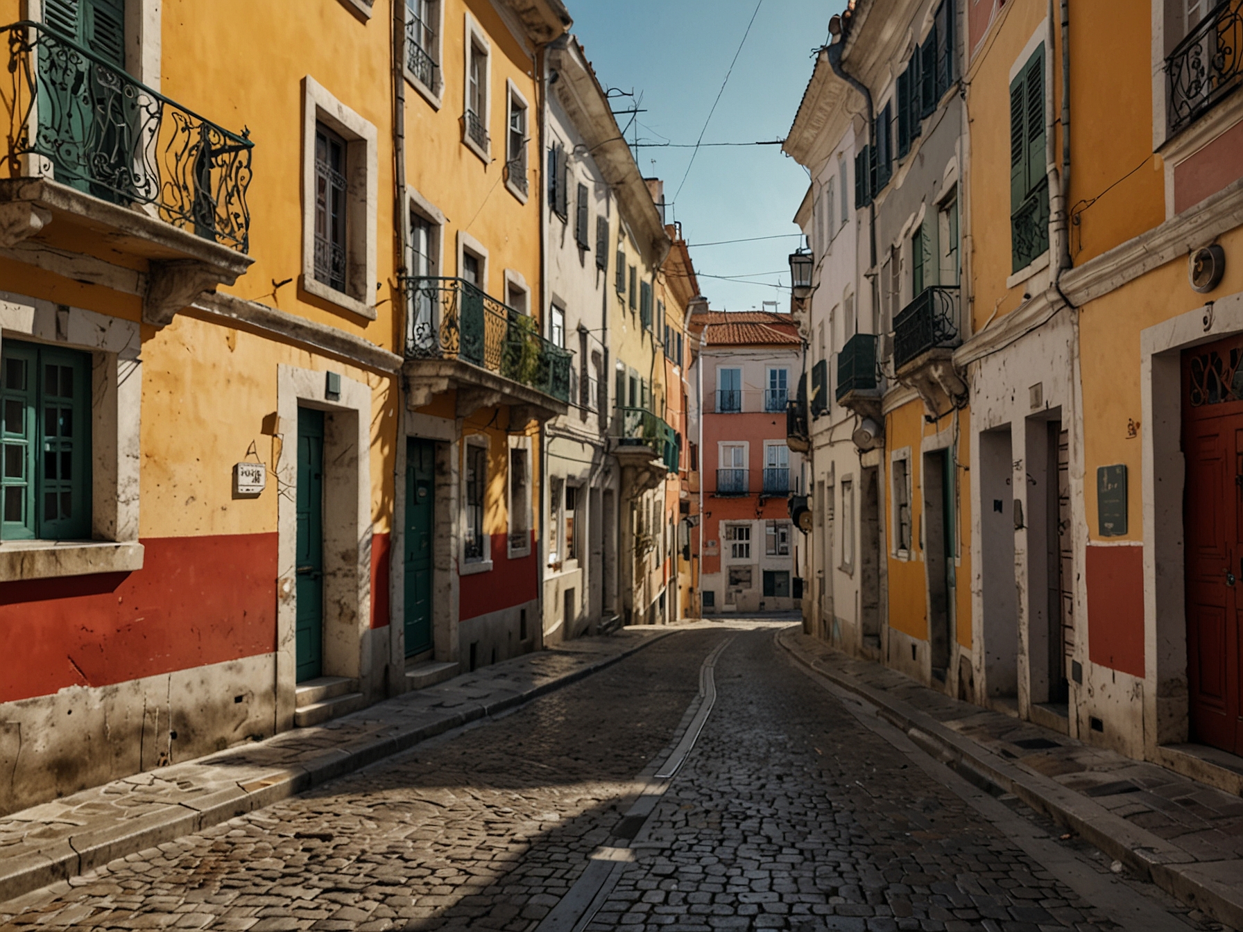 A picturesque street in Lisbon with cobbled paths and colorful buildings, highlighting the cultural charm and immersive experience of the Portuguese capital.