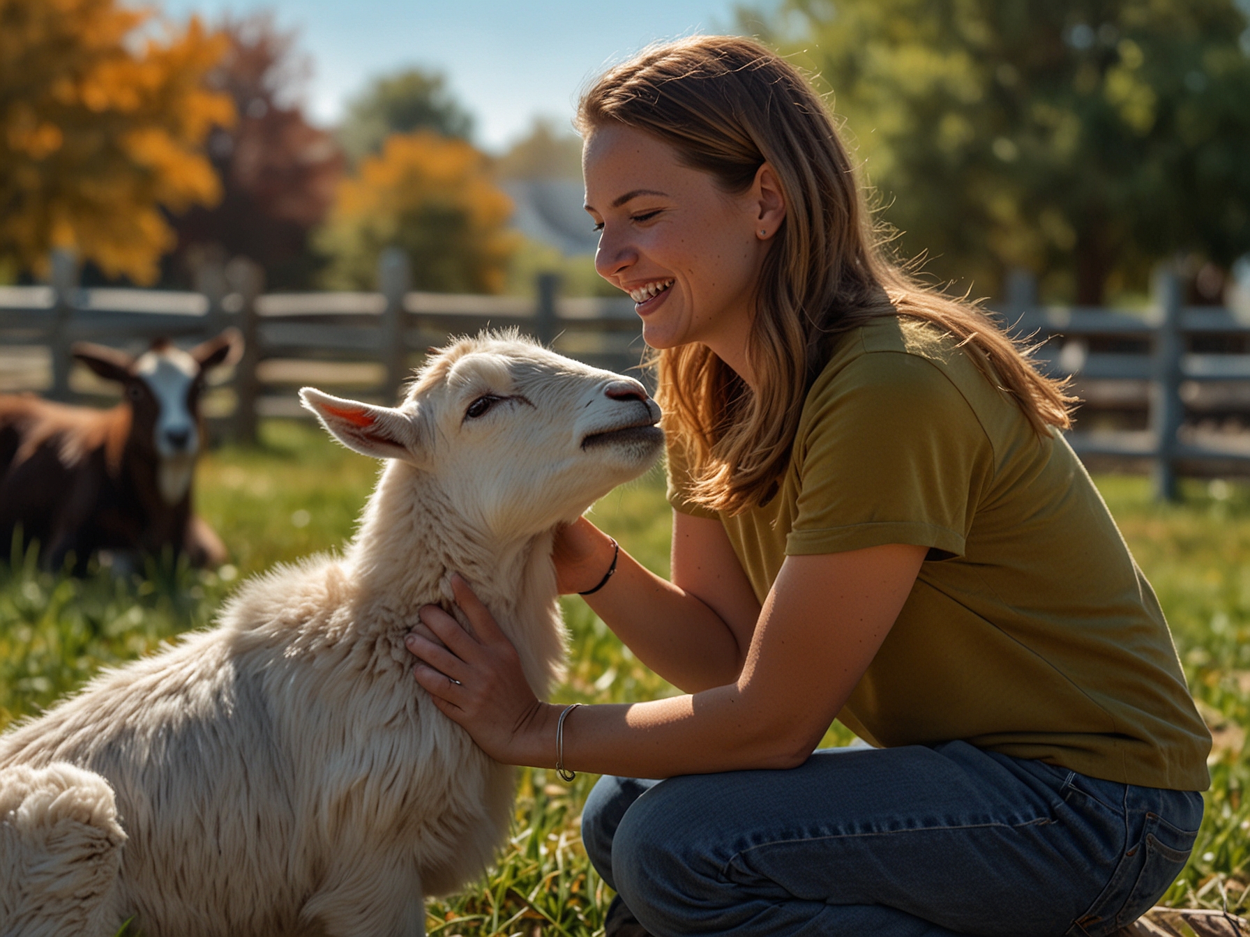 Autumn Swanton laughs as she pets a friendly goat at Cajun Corral Farm's 'Picnic with Goats' event on a sunny day, surrounded by sprawling fields and picnicking families.