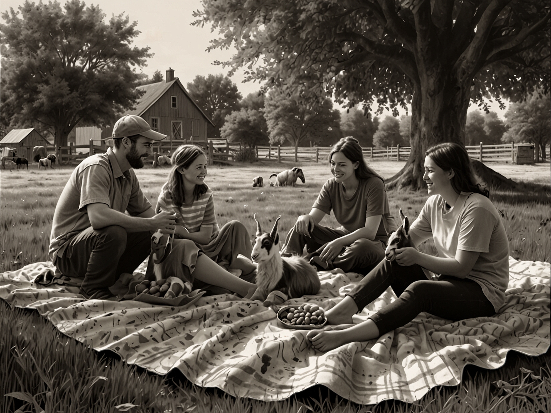 Families spread out on blankets, enjoying their picnics with playful goats wandering around seeking snacks and pats, creating a lively and heartwarming atmosphere at the farm.