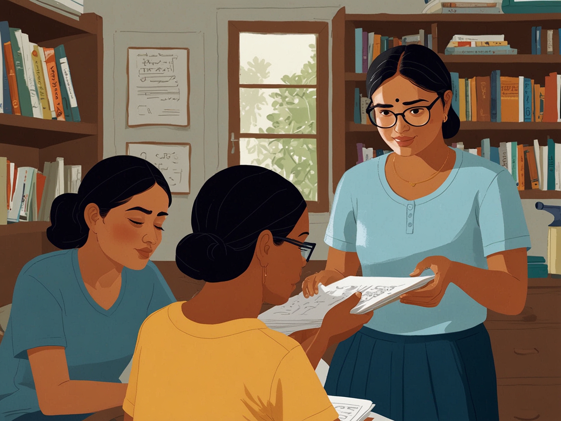 Illustration showing individuals using Google Chrome's new read-aloud feature in Bengali. Helps in diverse situations like education, multitasking, and aiding visually impaired users.