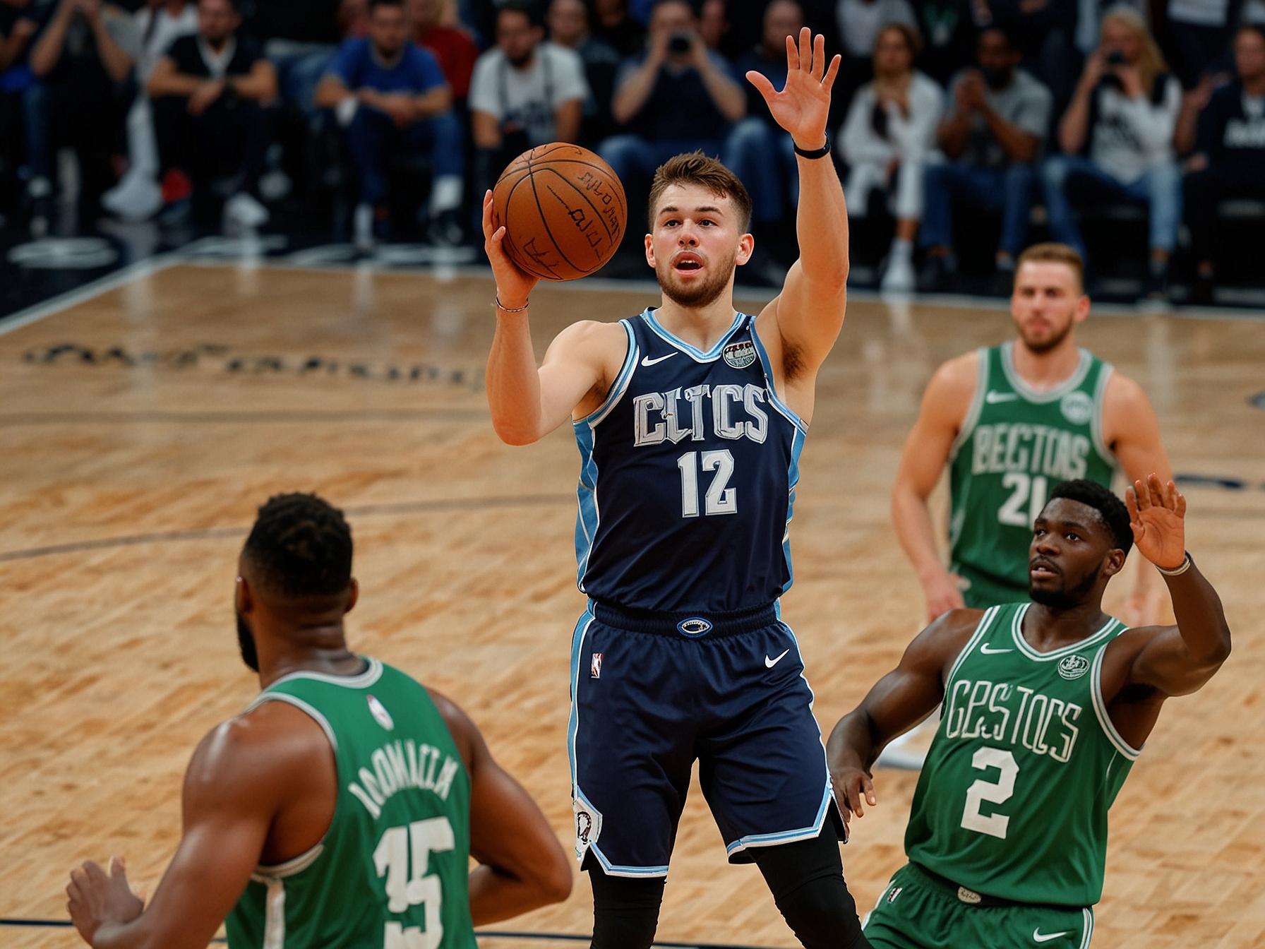 Luka Doncic attempts a shot during the NBA Finals Game 5, facing tough defense from the Boston Celtics. His shooting struggles exemplified the Mavericks' challenges throughout the crucial match.