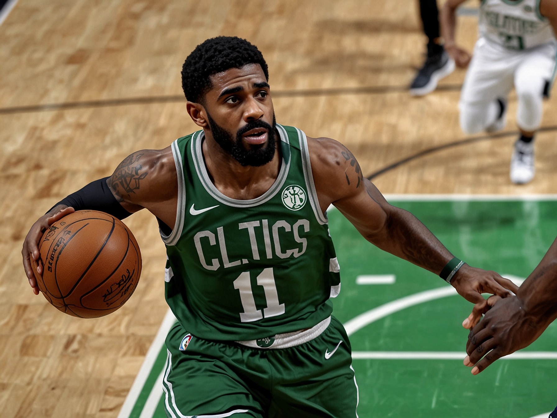Kyrie Irving drives towards the basket, trying to break through the Boston Celtics' defense. Despite his efforts and moments of brilliance, Irving couldn't overturn the Mavericks' misfortunes in Game 5.