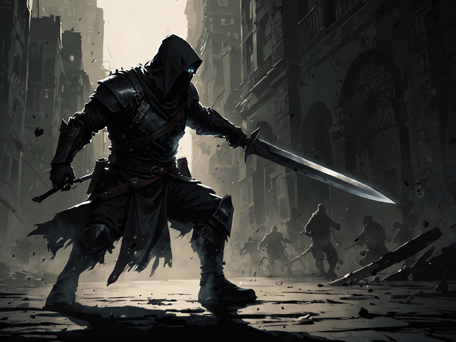An intense, shadowy scene depicting The Silent Blade mid-action, showcasing their unmatched agility and stealth as they carry out a deadly strike with precision.