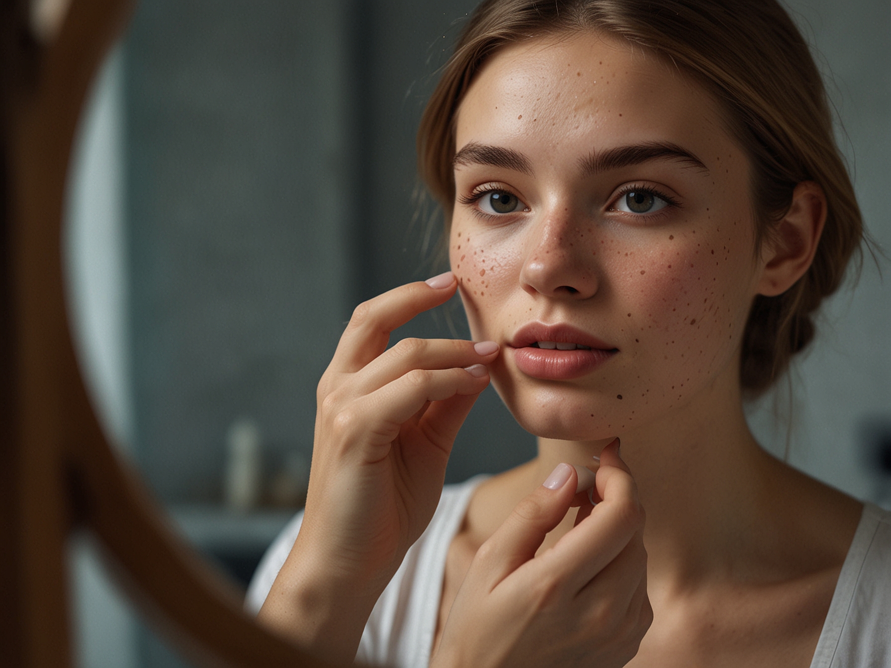 A young woman applies a small, round pimple patch to her face in front of a mirror. The image highlights the patch's subtle appearance and the simple, easy application process.
