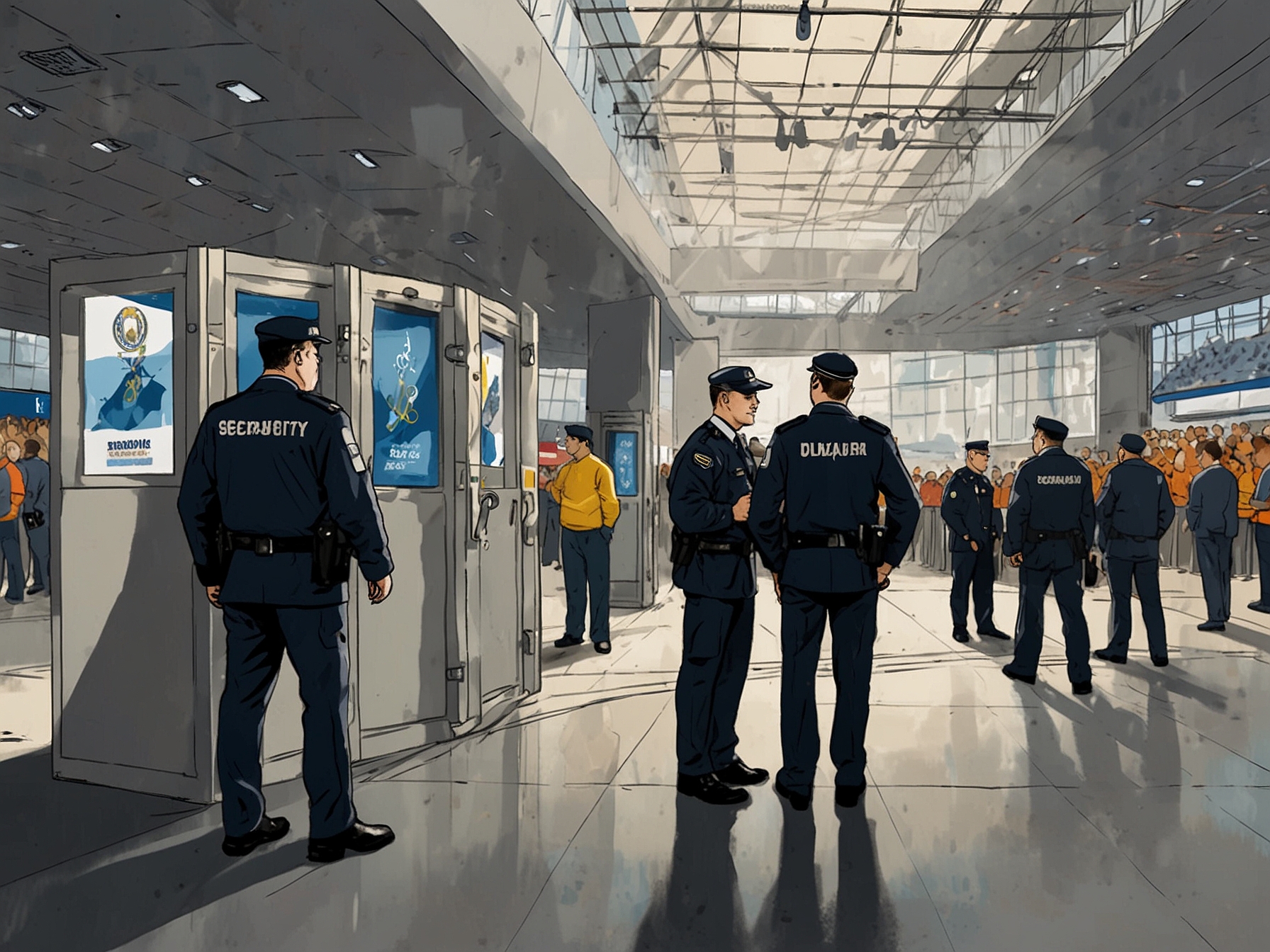 Security personnel conducting thorough checks at the stadium entry points to enforce UEFA’s ban on Russian flags for Ukraine's Euro 2024 opening game.
