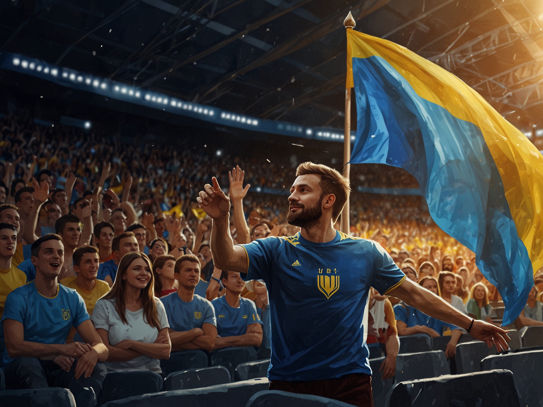 Fans inside the stadium waving Ukrainian flags and showing support for their team, reflecting the atmosphere UEFA aims to maintain free of geopolitical conflicts.