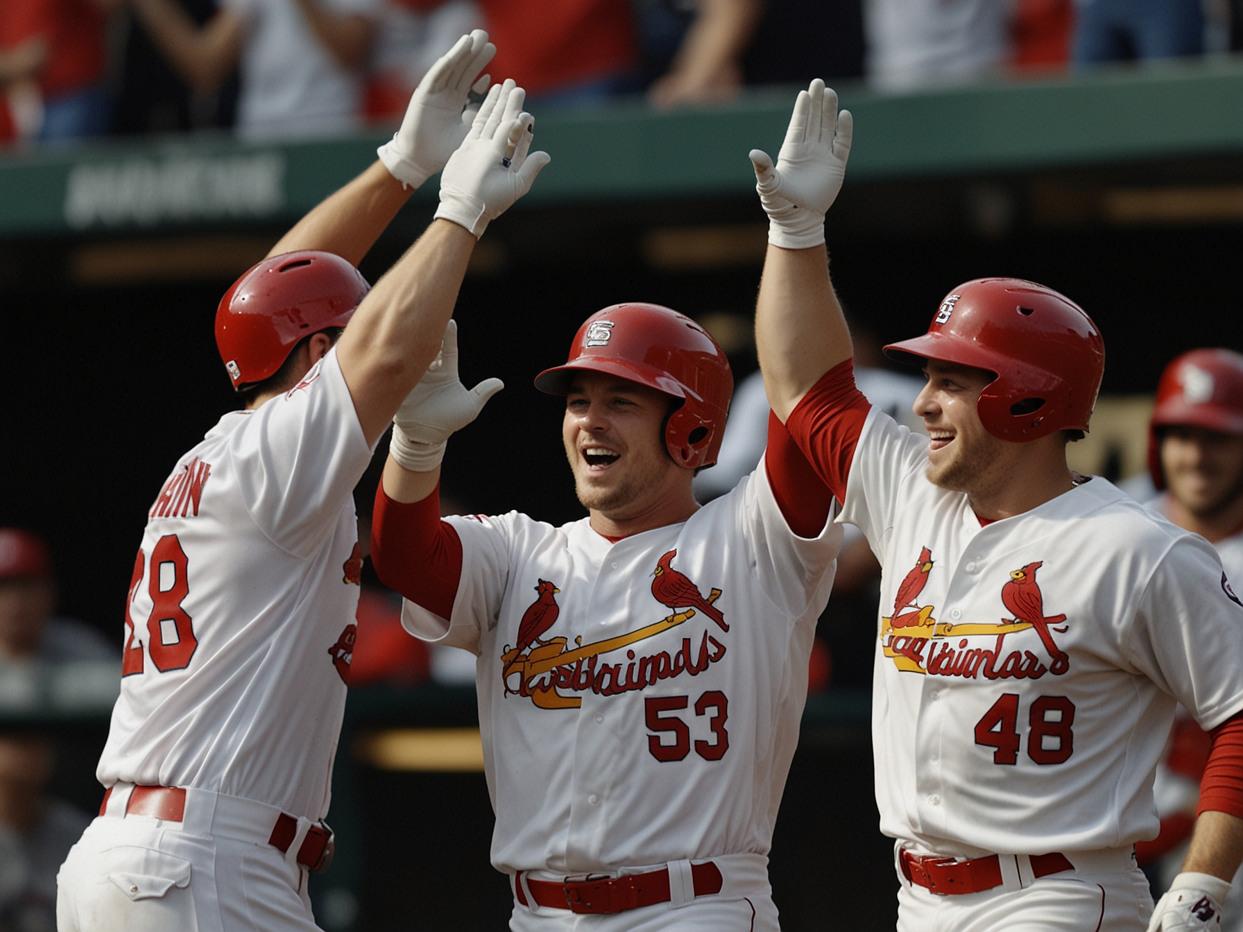 Masyn Winn celebrates with teammates after hitting a two-run homer in the 12th inning, propelling the St. Louis Cardinals to a narrow 7-6 victory over the Miami Marlins.