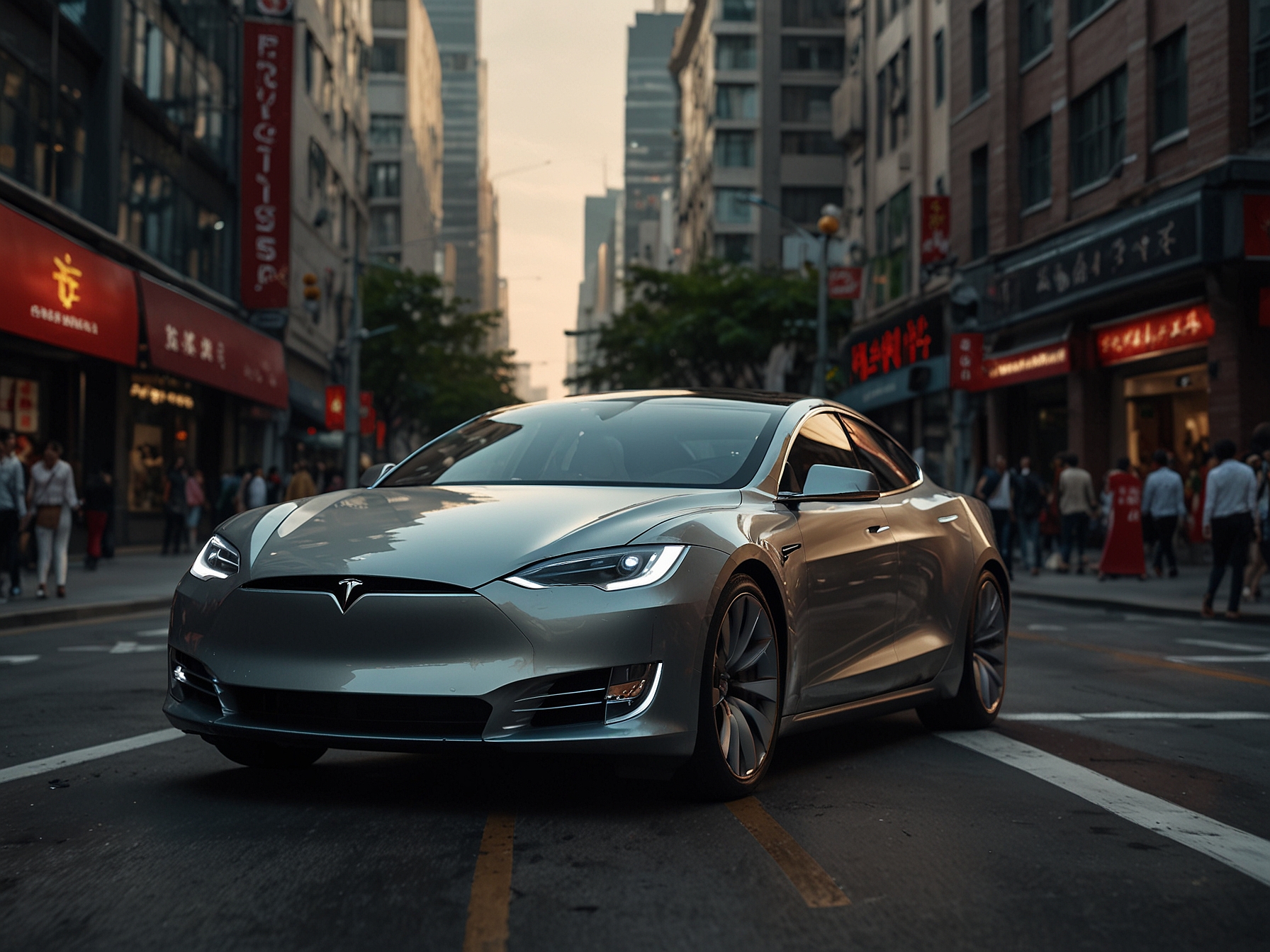 A Tesla car equipped with Full Self-Driving technology navigates the bustling streets of a Chinese city, showcasing the integration of advanced autonomous features in real-world conditions.