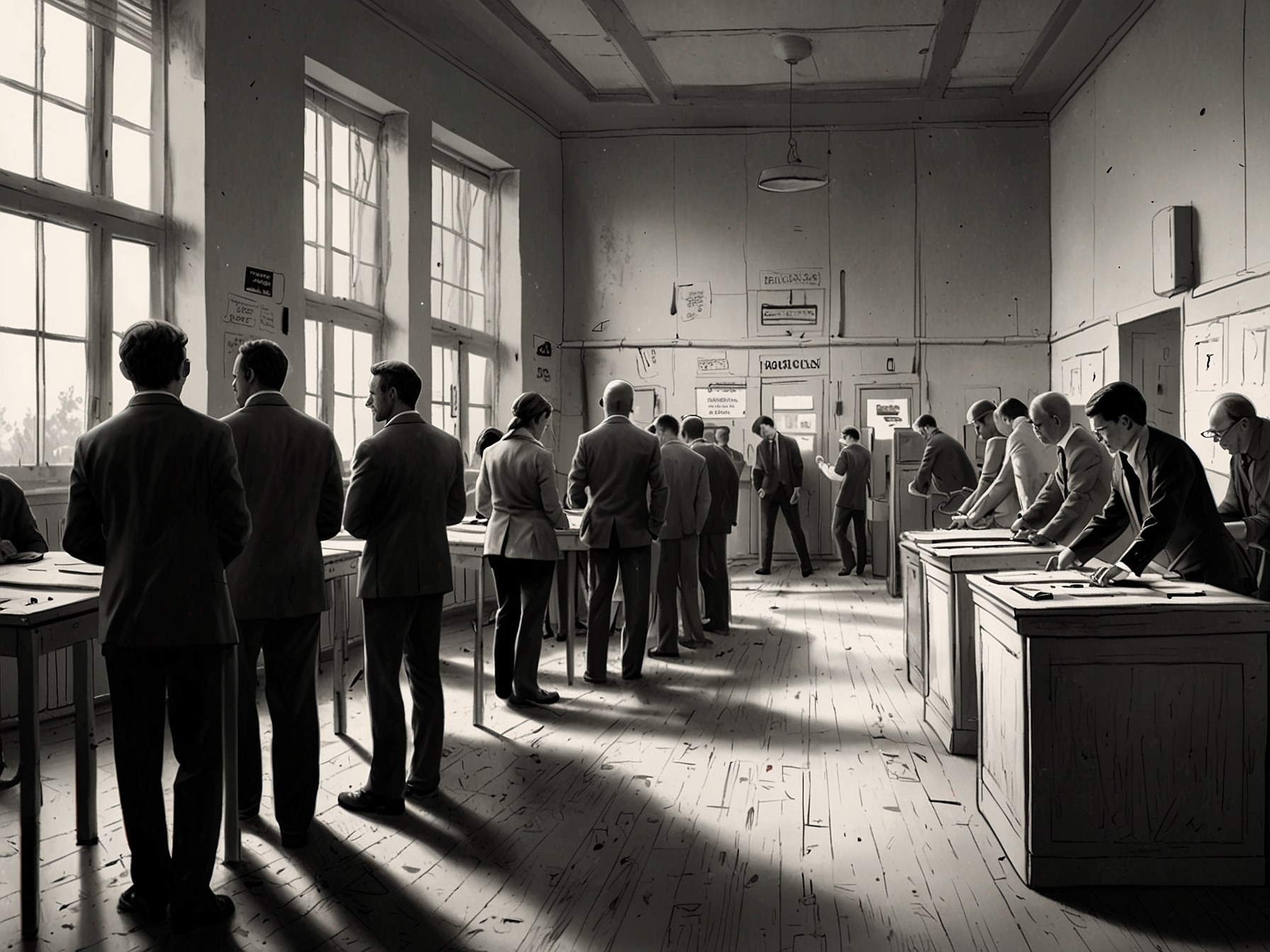 A bustling polling station with citizens casting their votes, representing the essential first step in the democratic process of electing a new government.
