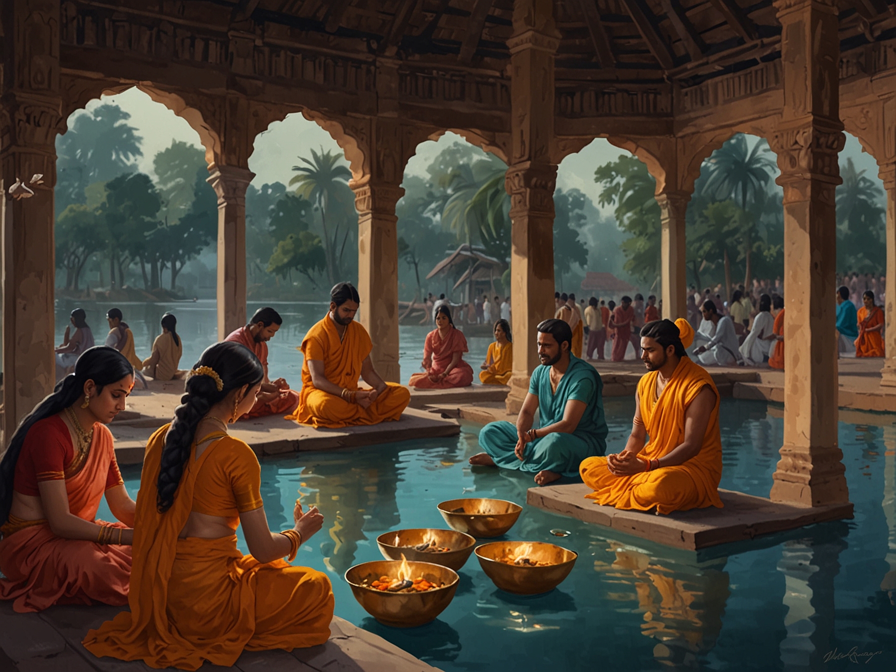 Illustration of devotees observing Nirjala Ekadashi by performing rituals and prayers to Lord Vishnu, emphasizing the day's spiritual activities and total abstinence from food and water.