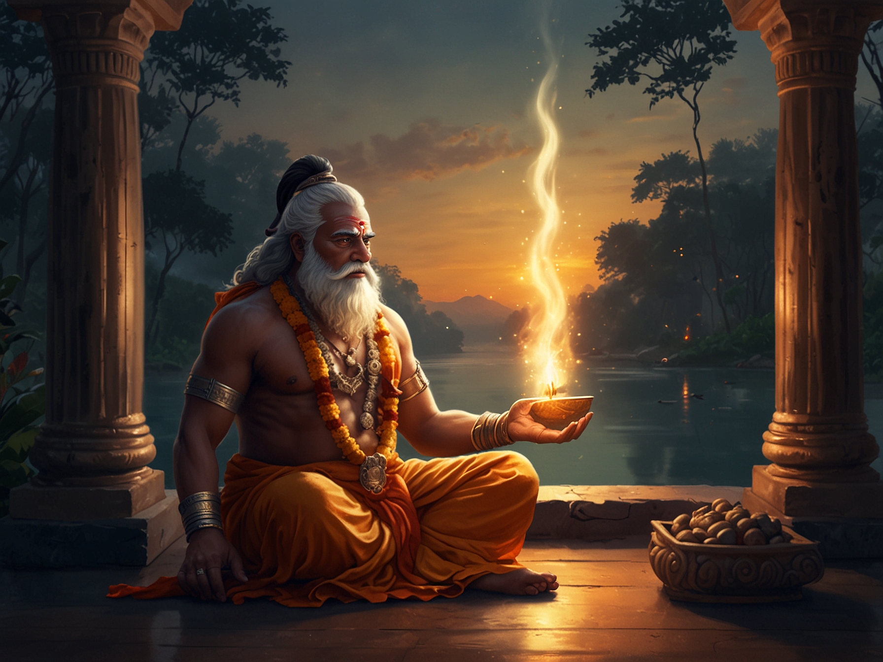 Visual representation of Bhima, the Pandava warrior, consulting Sage Vyasa about the Nirjala Ekadashi fast, highlighting the mythological origins and religious significance of this rigorous observance.
