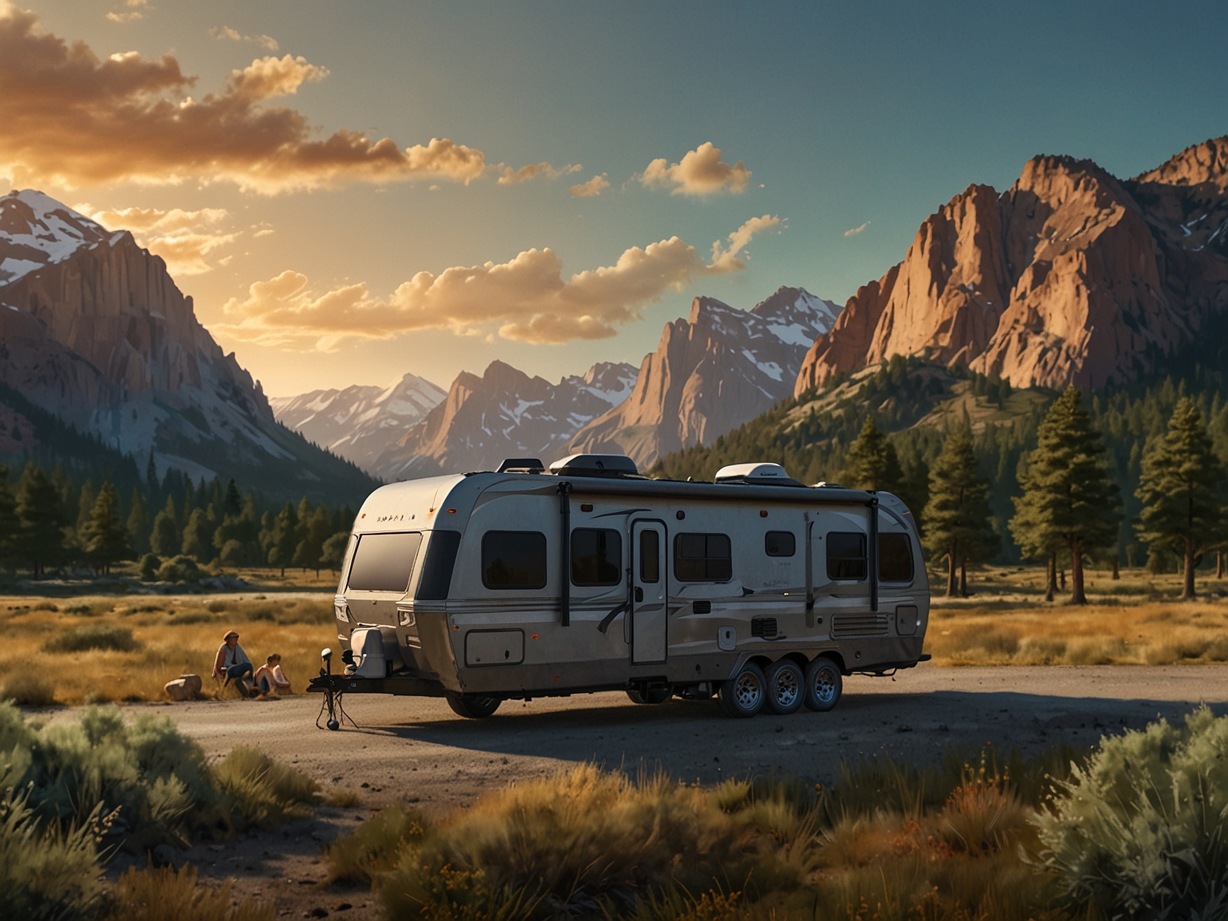 A family enjoying the scenic beauty of a national park during their RV adventure. The image captures their RV parked near a picturesque landscape, highlighting the trend of exploring nature through RV travel.