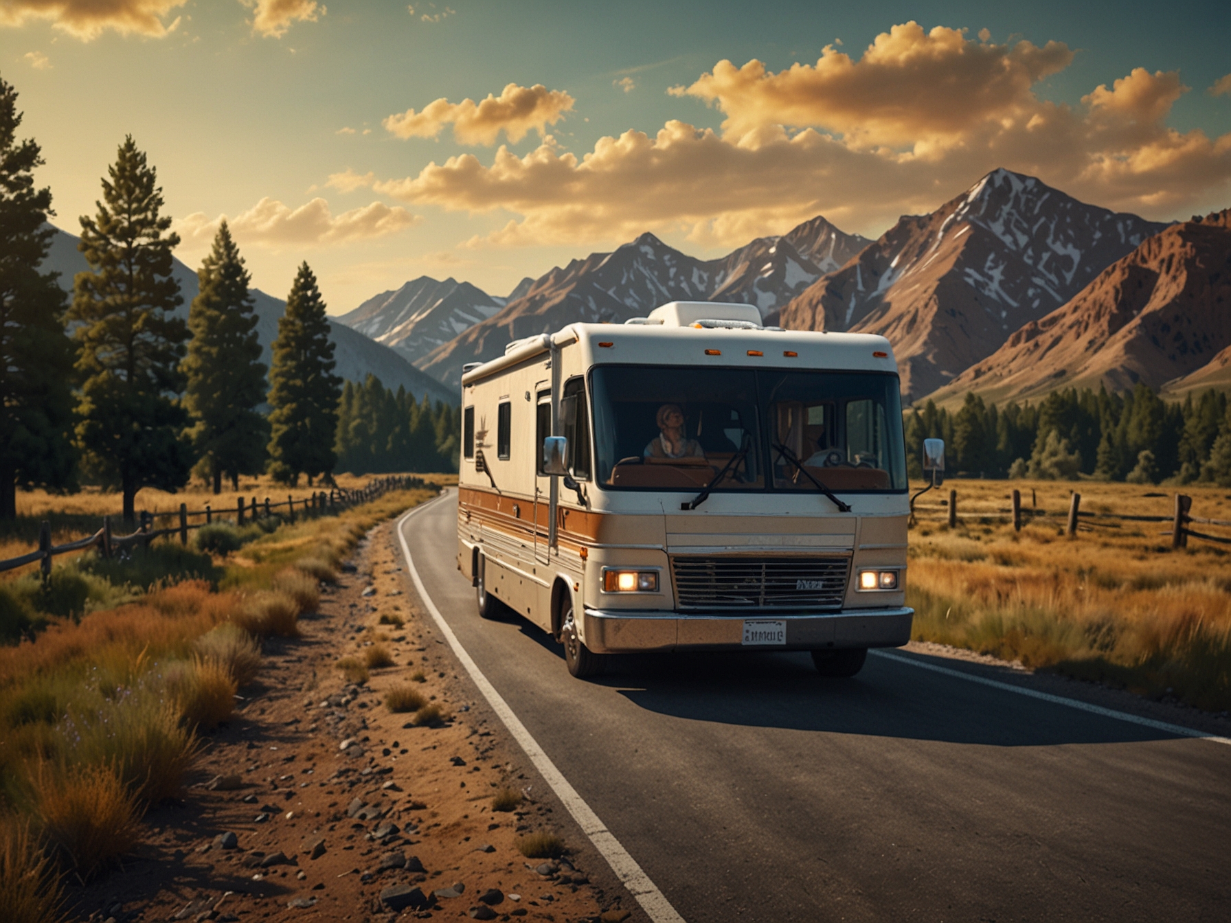 Travelers setting off on a summer road trip in their RV, showcasing the flexibility and convenience of this travel mode. The backdrop includes open roads and a clear sky, emphasizing the freedom of road trips.