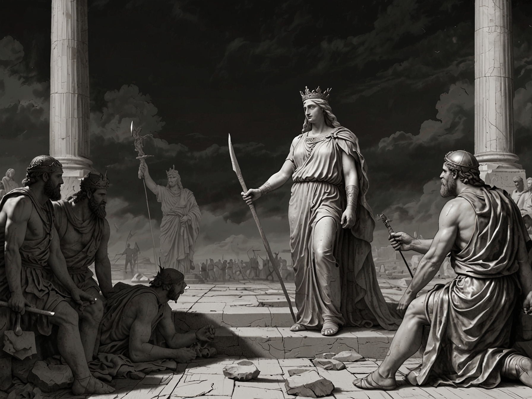 An illustration of Antigone defying King Creon to bury her brother, symbolizing the timeless conflict between moral duty and state laws, a theme echoed in modern political movements.