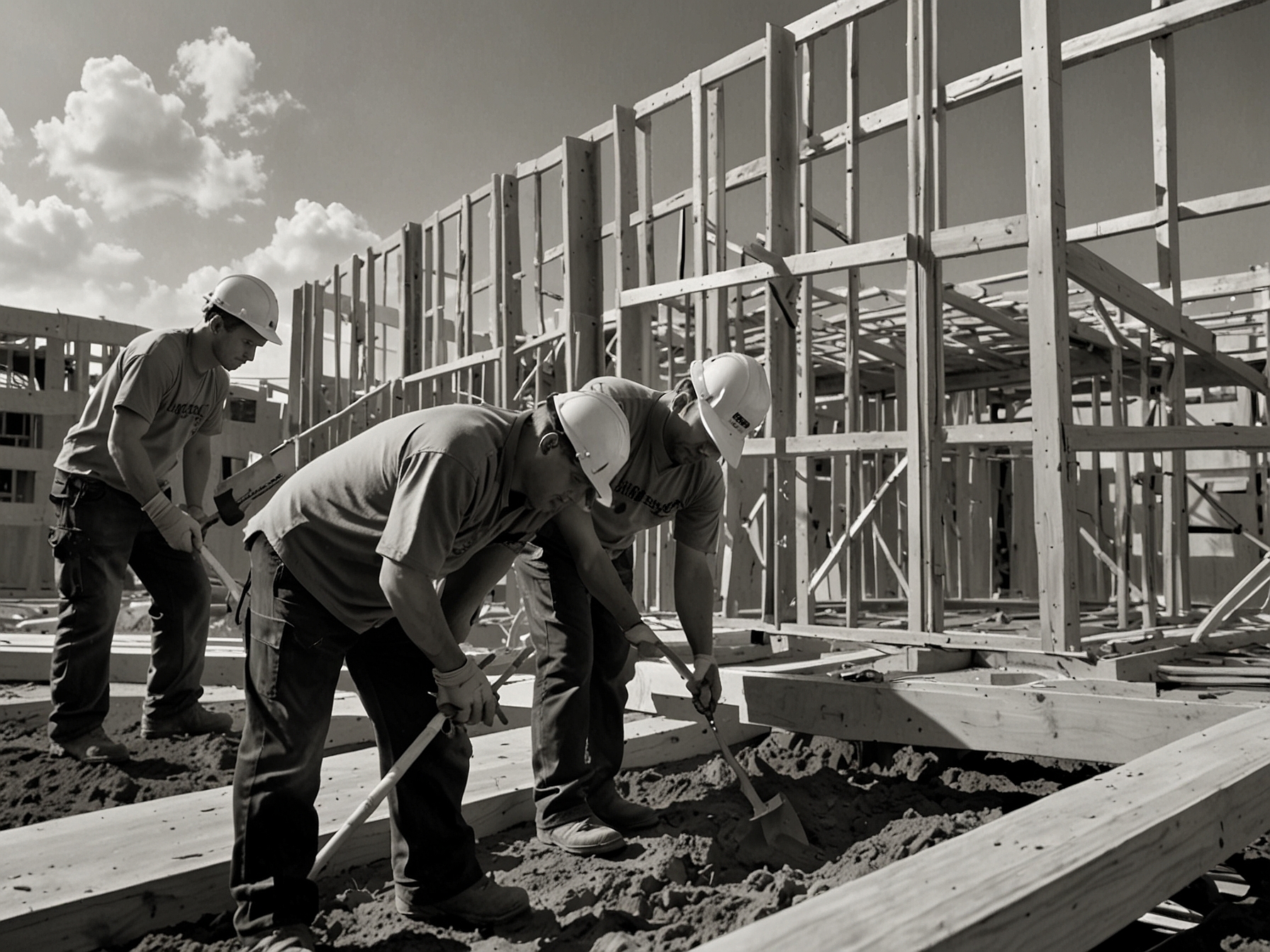 Construction workers building a housing project with an emphasized focus on fair wages, portraying Minnesota’s commitment to worker rights and economic stability.