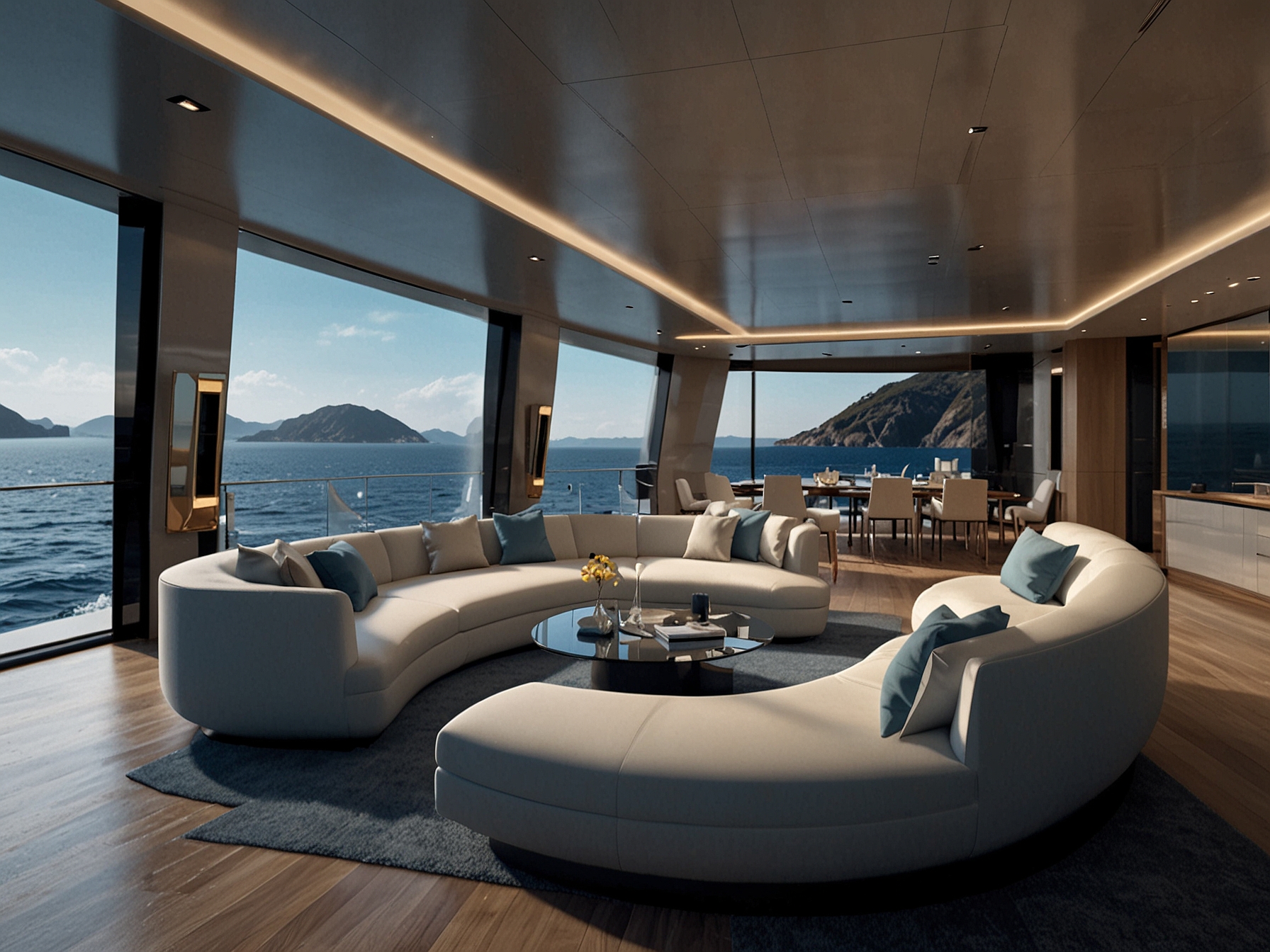 An exterior view of the Bluephire 34 superyacht cruising at sea, highlighting its sleek lines, minimalist design, and expansive glass salon that offers panoramic ocean views.