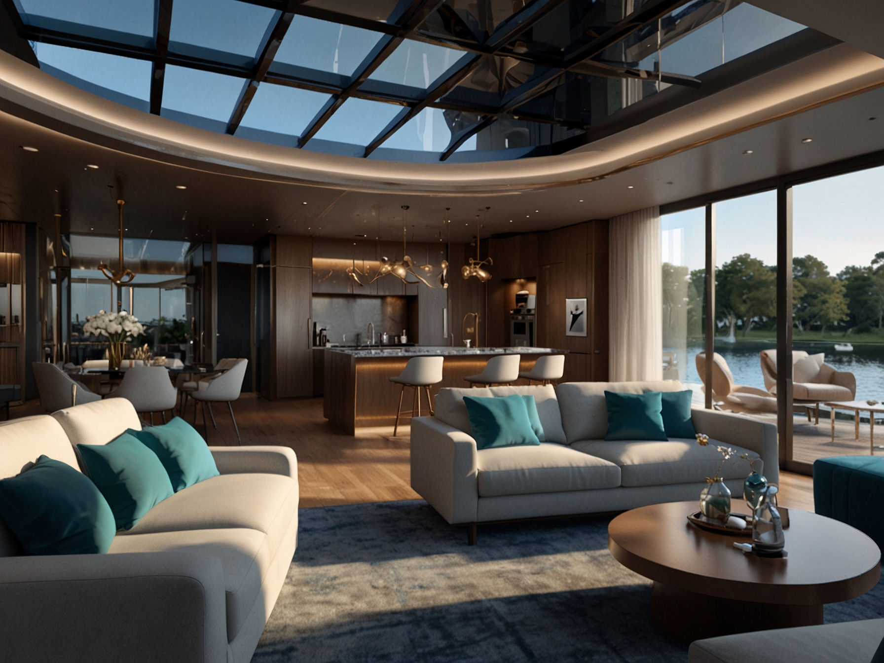 The interior of the Bluephire 34 featuring the striking glass salon with plush furnishings and high-end finishes, emphasizing the seamless indoor-outdoor experience and luxurious living space.