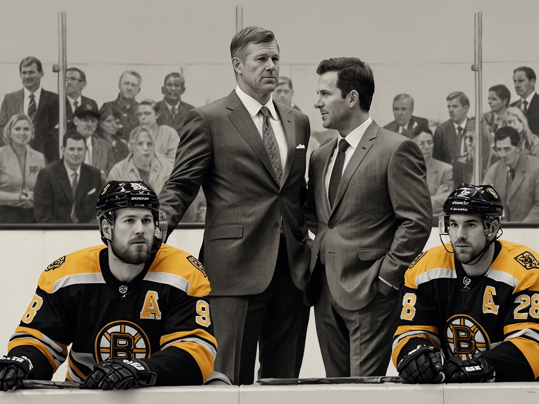 An image of the Boston Bruins coaching staff during a game, representing the evaluation and potential restructuring of their roles to improve team performance.