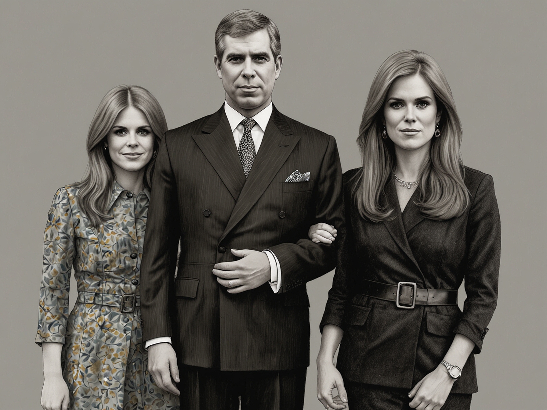 Prince Andrew standing apart from his ex-wife Sarah Ferguson and their daughters. The image underscores the speculation around their relationship dynamics, especially amid ongoing controversies.