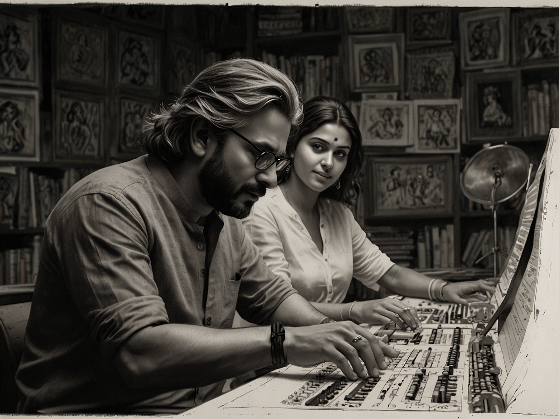 An illustration showing AM Turaz and Sanjay Leela Bhansali collaborating in the studio, highlighting their synergy and dedication to the musical and narrative elements of 'Heeramandi.'
