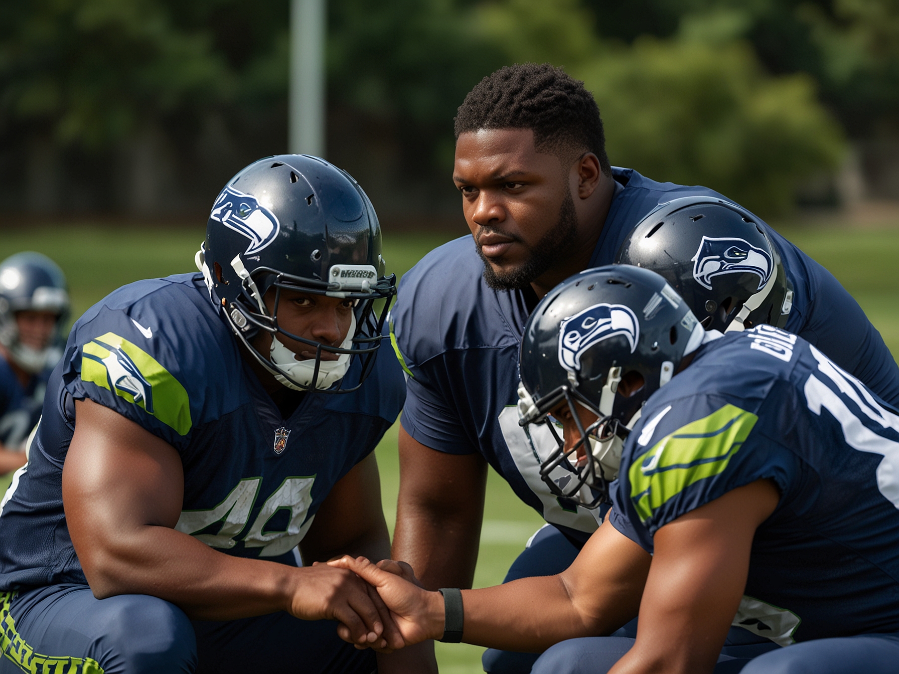 Laken Tomlinson, donning his Seattle Seahawks uniform, is seen mentoring younger linemen during a rigorous training session on the practice field, showcasing his leadership.