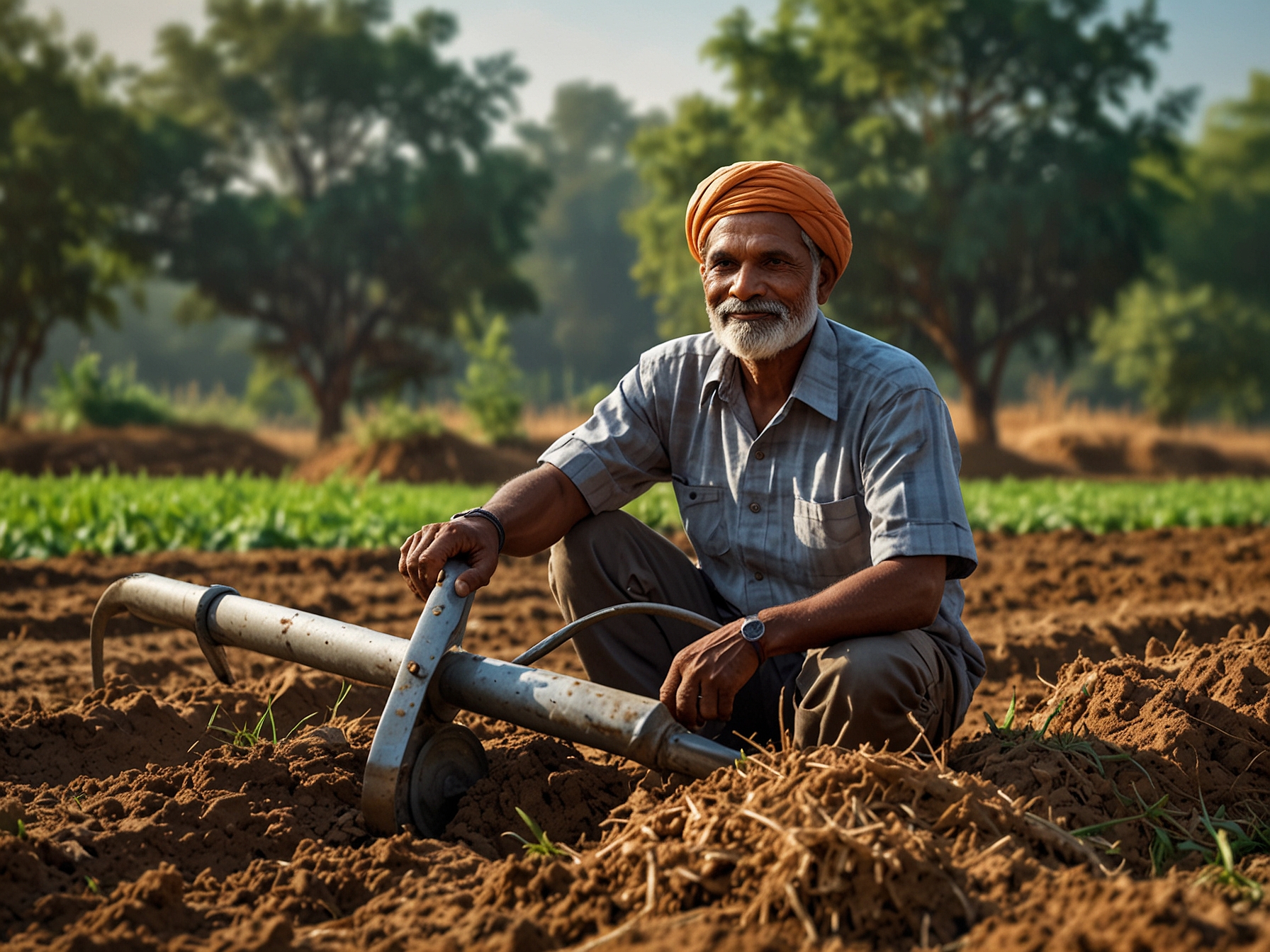 A farmer using improved agricultural equipment and seeds obtained through financial support from the PM Kisan Yojana, showing increased productivity and better crop yield.