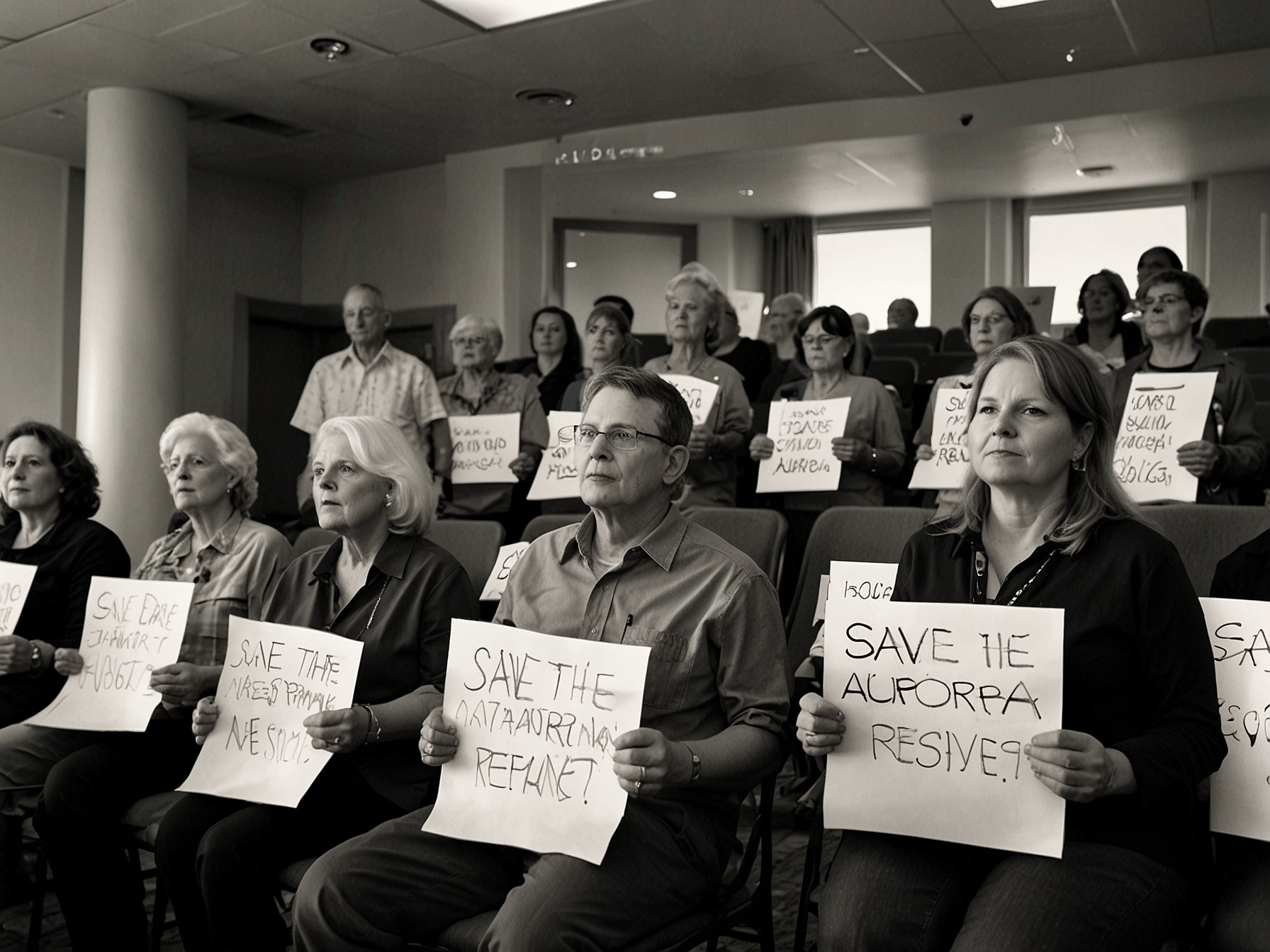 Residents of Aurora display signs reading “Save the Aurora Reservoir” during a community meeting, highlighting their concerns about the potential environmental and health impacts of fracking.