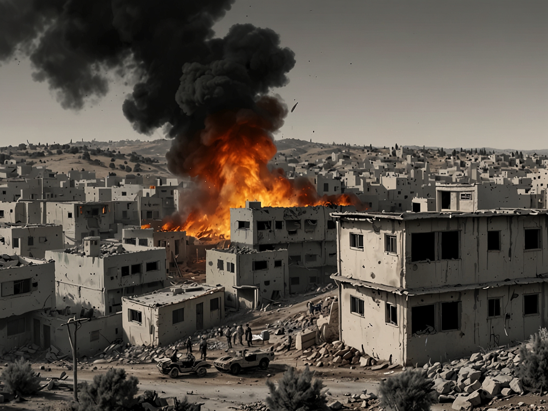 An image depicting the aftermath of a Hezbollah rocket attack on an Israeli settlement near the northern border. Smoke rises from damaged buildings, and residents are seen taking refuge.