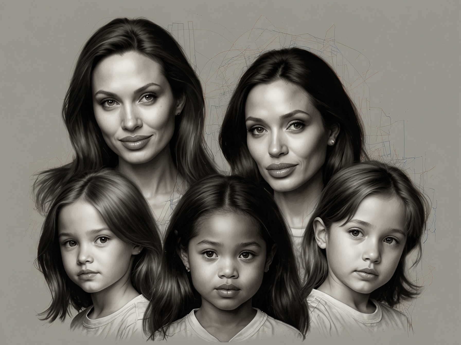 A collage featuring Angelina Jolie's six children—Maddox, Pax, Zahara, Shiloh, Knox, and Vivienne—showcasing their individuality and achievements, reflecting the influence of their famous mother.