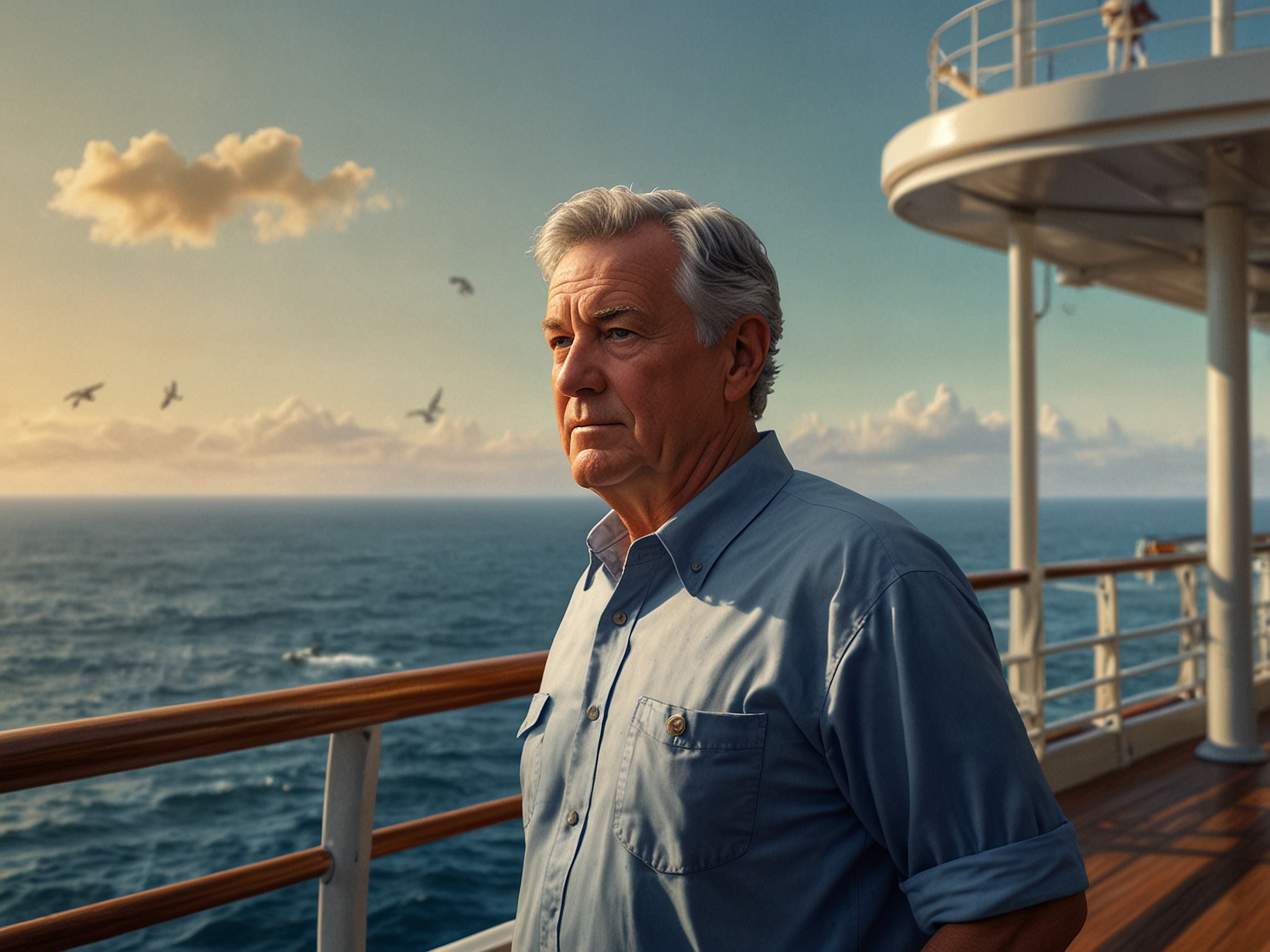 Jack Nolan, the former plumber, stands on the deck of a cruise ship, gazing at an exotic coastline, symbolizing his adventurous new life and financial freedom from his career change.