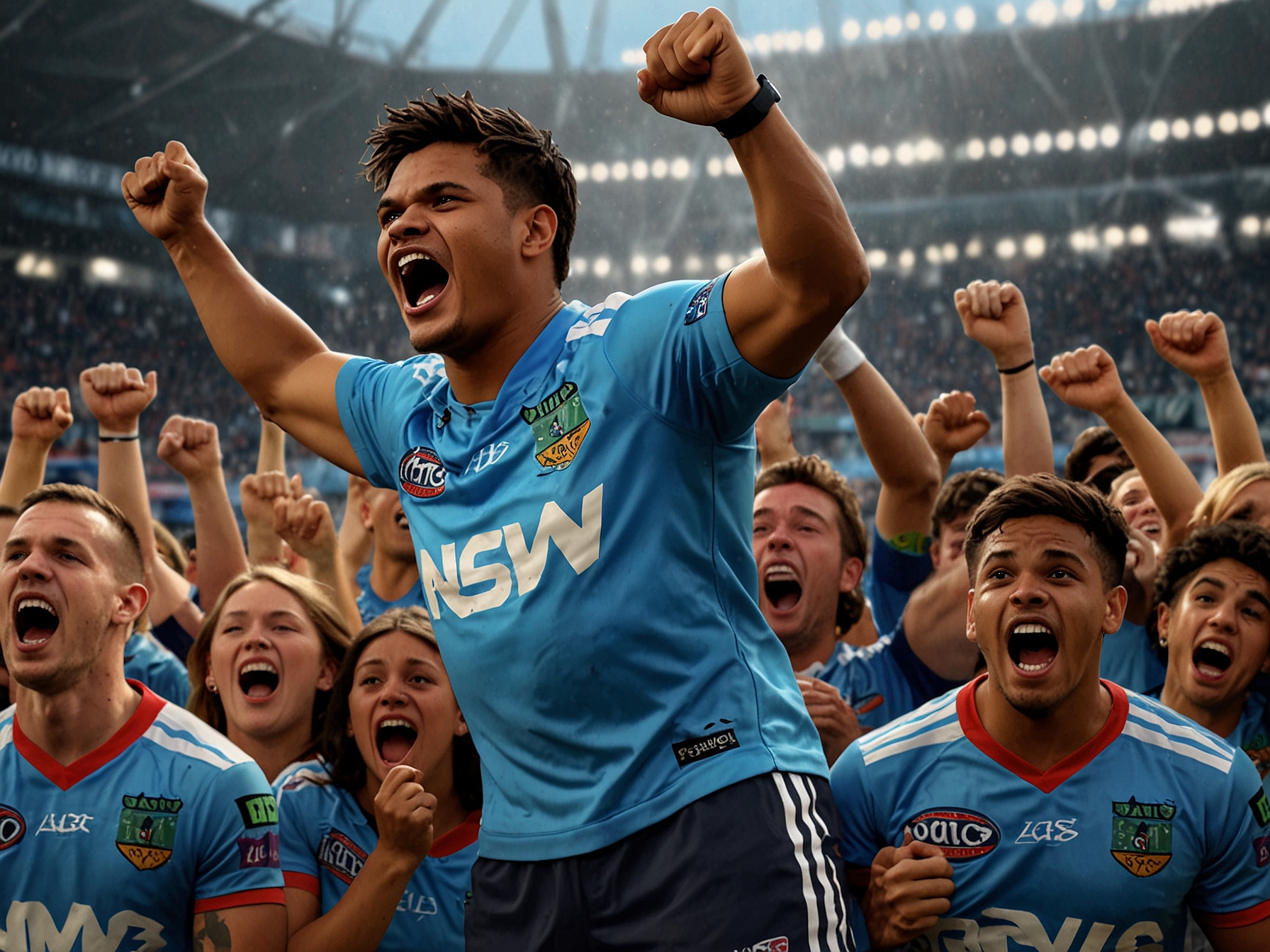 Fans in NSW blue jerseys enthusiastically cheering, capturing the excitement and high expectations surrounding Latrell Mitchell's return to the Origin arena.