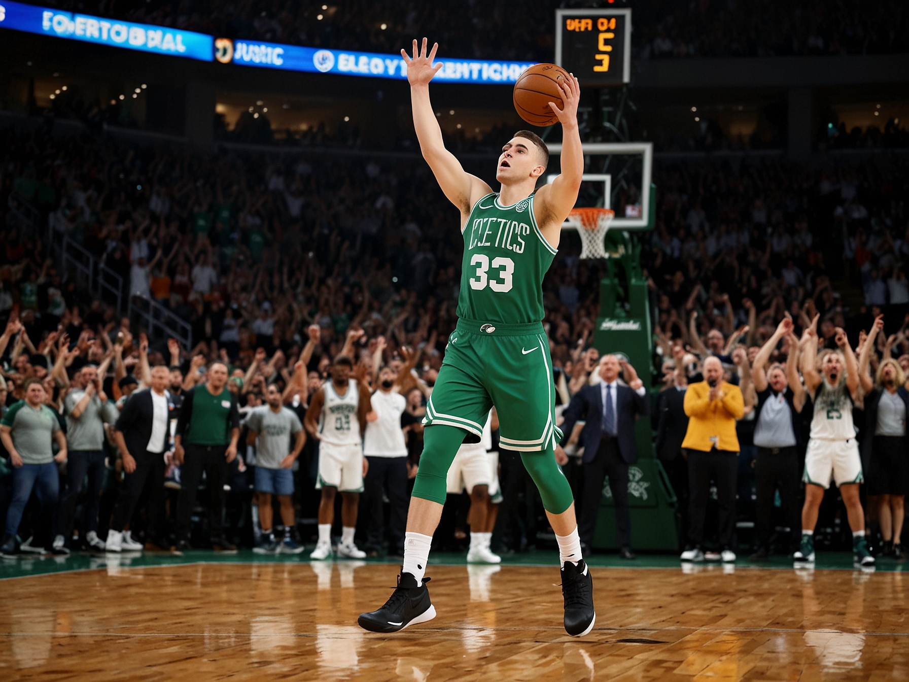 Boston Celtics' Payton Pritchard launches a high-arching 49-foot buzzer-beater shot during the NBA Finals, moments before the ball swishes through the net, igniting wild cheers from the crowd.