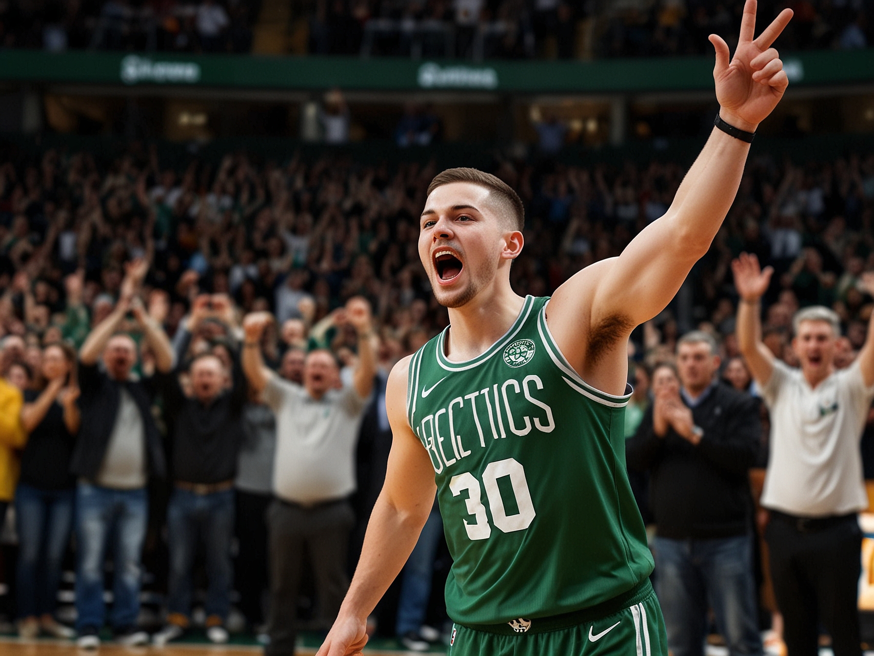The crowd erupts into celebration as Celtics' guard Payton Pritchard sinks his remarkable three-pointer from beyond the half-court line, captured in a moment of pure basketball excitement.