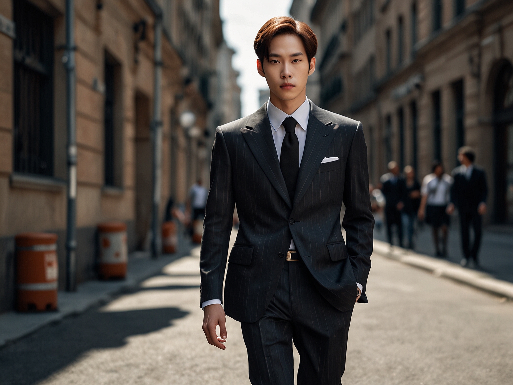 Doyoung from NCT's Dojaejung in a sharply tailored suit at Milan Fashion Week, exuding classic elegance and contemporary flair, capturing the attention of photographers and fashion enthusiasts.