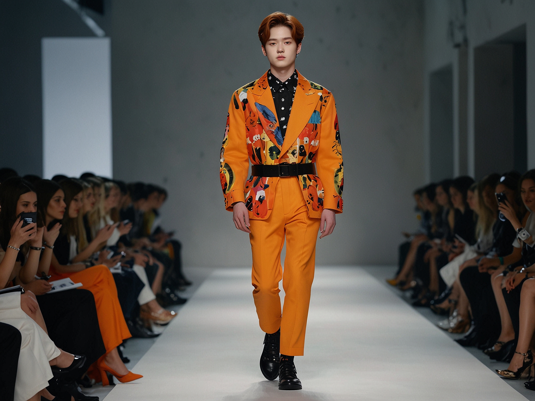 Jaehyun of NCT's Dojaejung walking the Milan Fashion Week runway in a bold outfit with daring patterns and vibrant colors, showcasing his confident strides and comfort in the limelight.