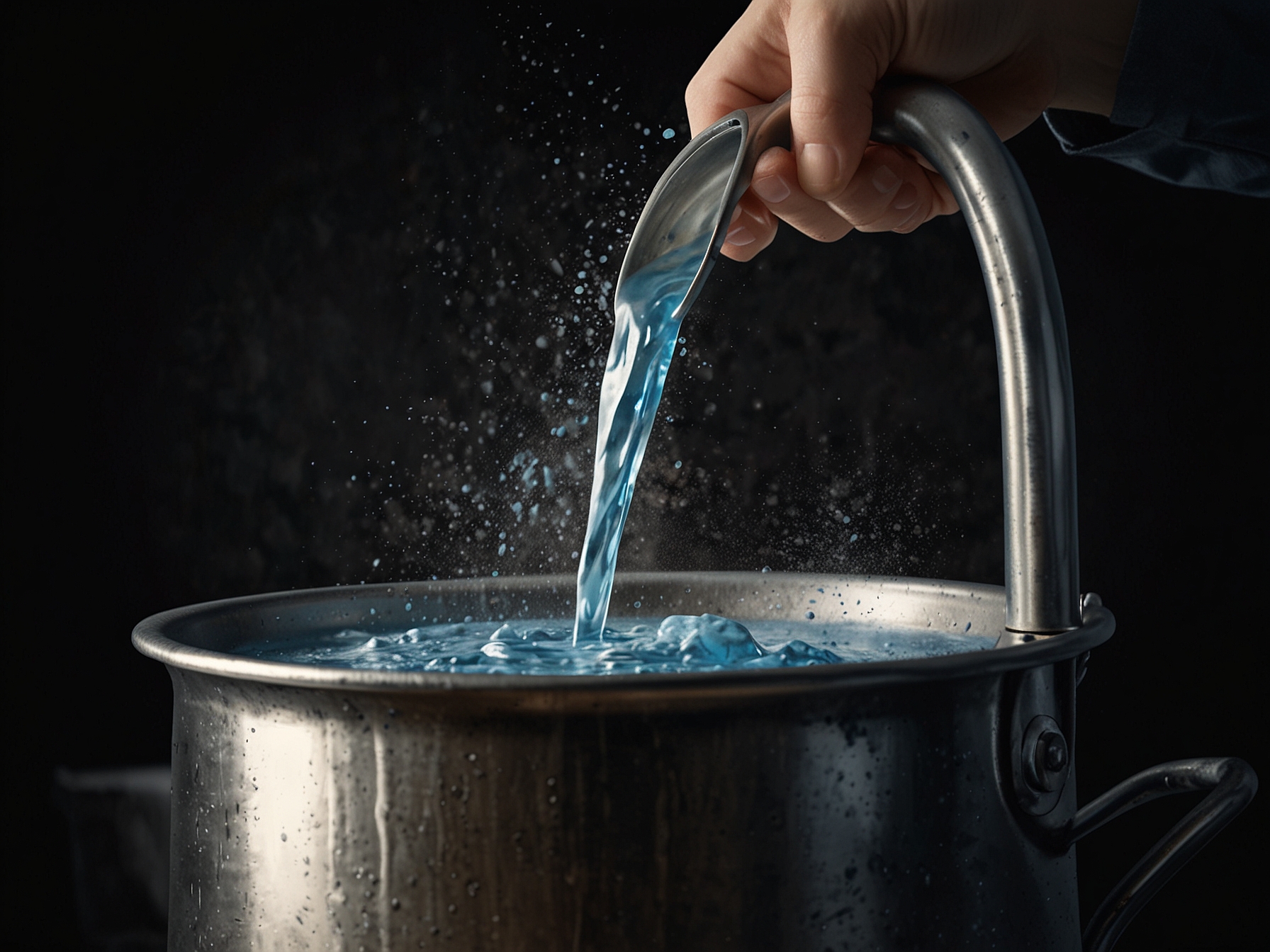 A close-up of citric acid powder being added to a kettle filled halfway with water, demonstrating the beginning of the limescale removal process.