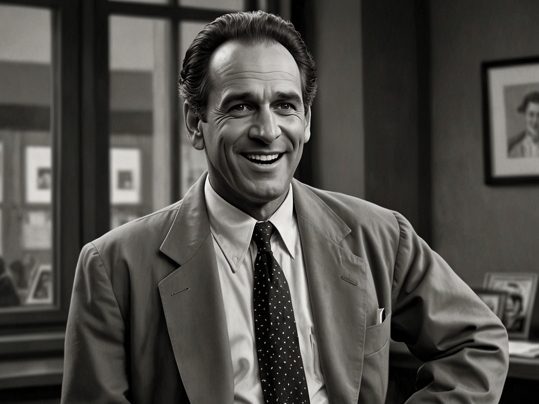A photo of Hiram Kasten in character during one of his memorable performances on the television series 'Seinfeld'. His expressions capture the humor and charm he brought to the screen.