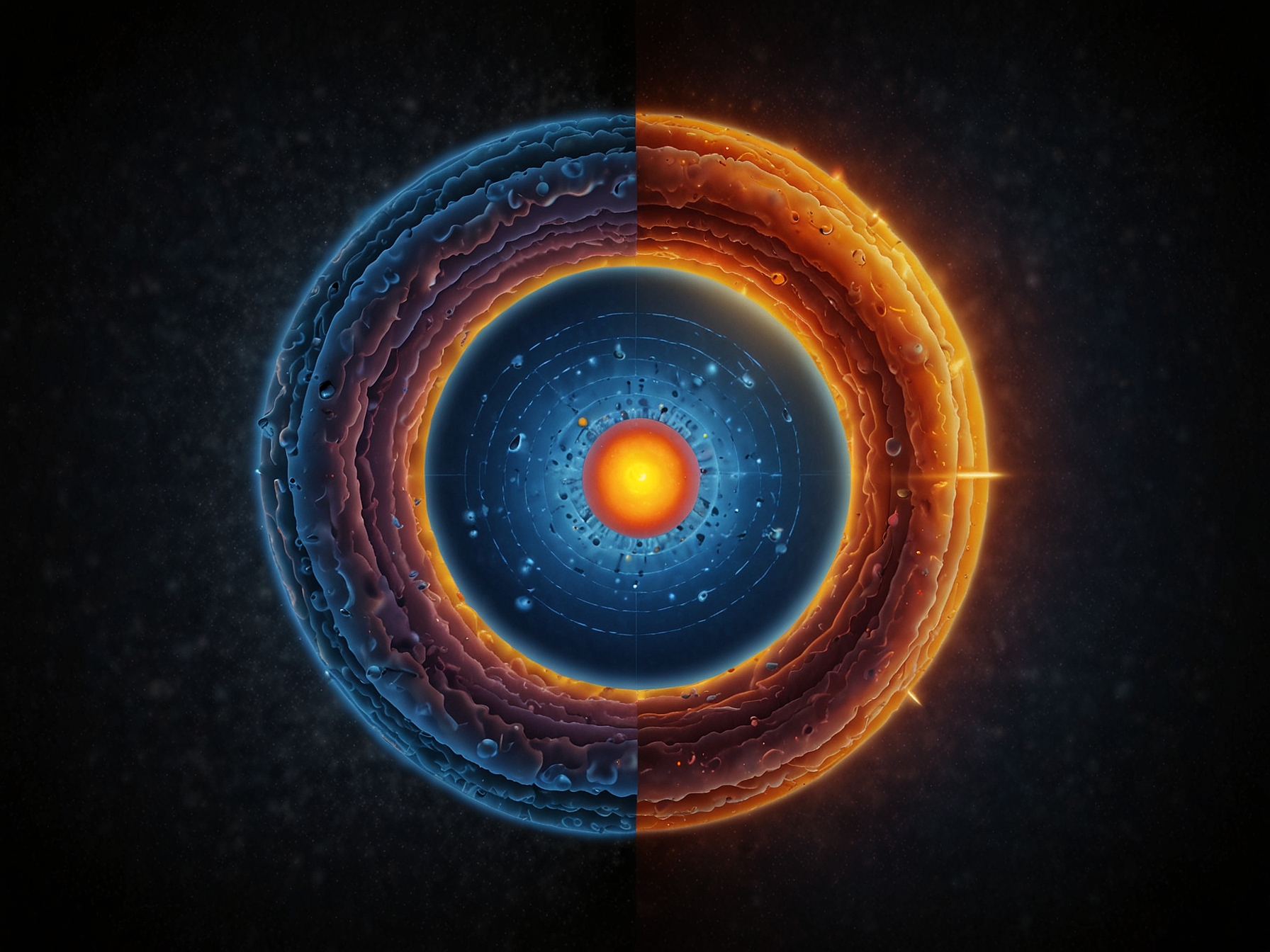 An illustration of Earth's inner and outer core, highlighting the difference in composition and rotation. The inner core is shown as solid, while the outer core is molten, both contributing to the magnetic field.