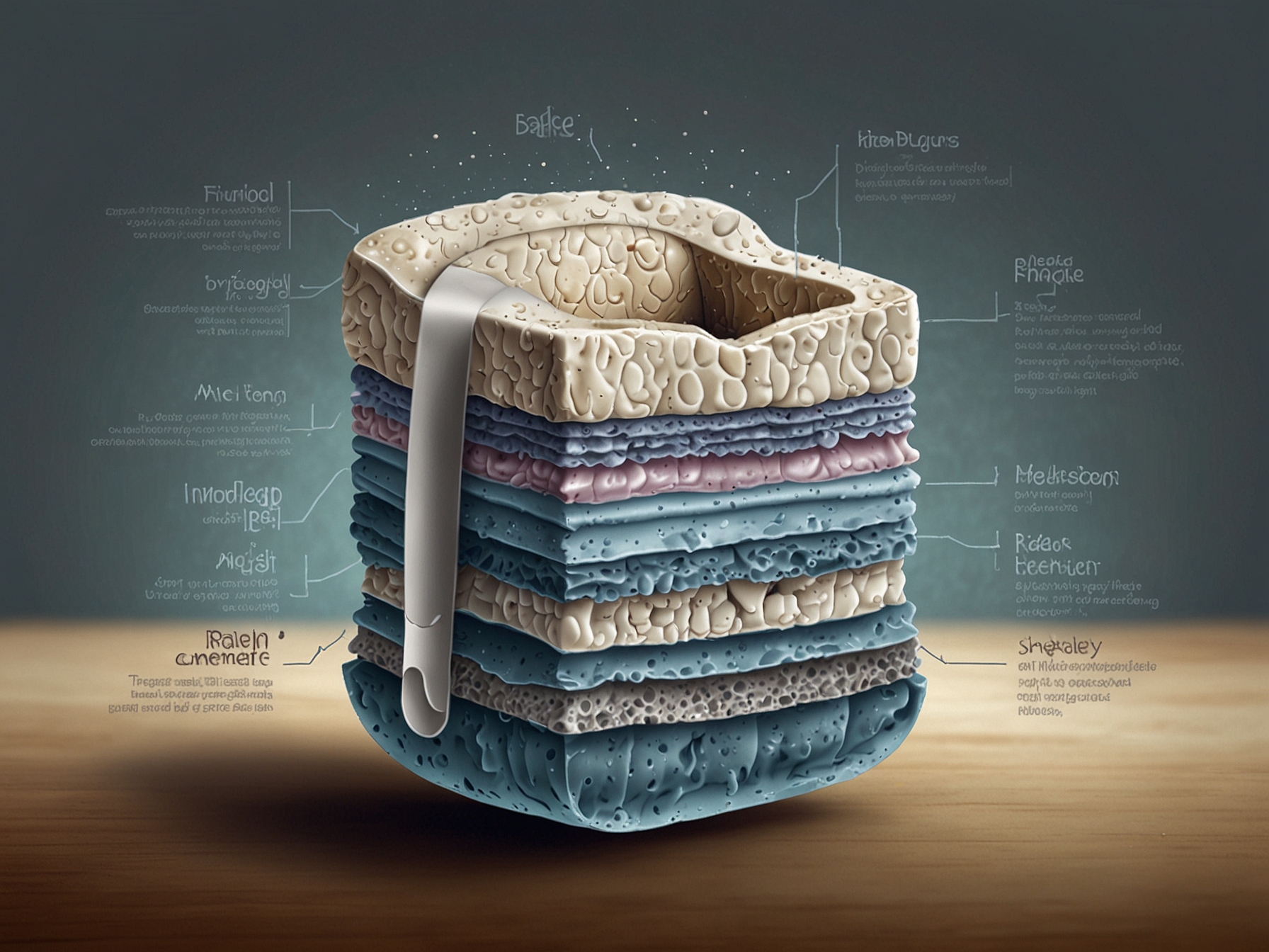 An illustrated cross-section of a diaper, highlighting the layers of superabsorbent polymers and hydrophobic materials that work together to absorb and retain liquid while keeping the outer layer dry.