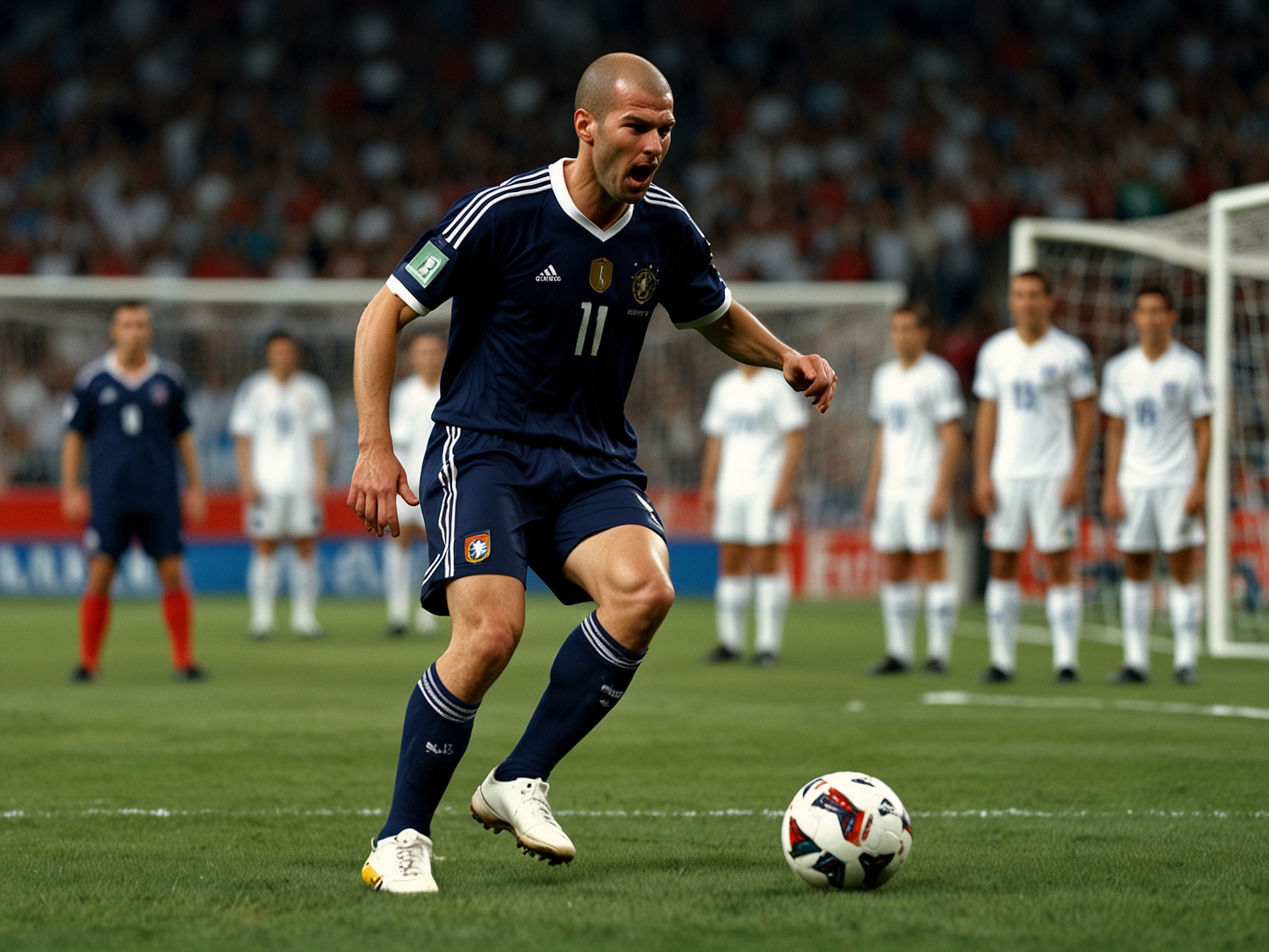 Zinedine Zidane takes a precise free kick during the Euro 2004 match against England, showcasing his technical prowess and calmness under pressure, moments before equalizing the game.