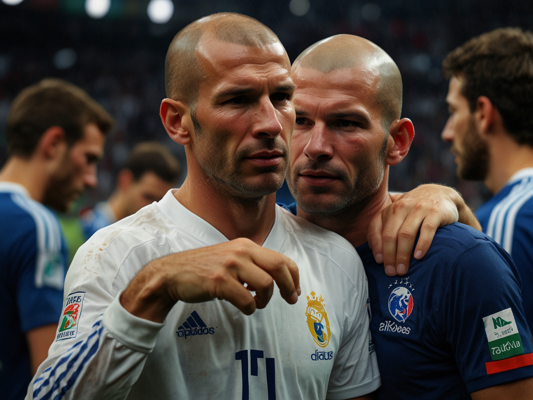 Post-match image showing Zidane consoling English players, demonstrating his commendable sportsmanship and humility despite orchestrating a dramatic comeback victory for France.