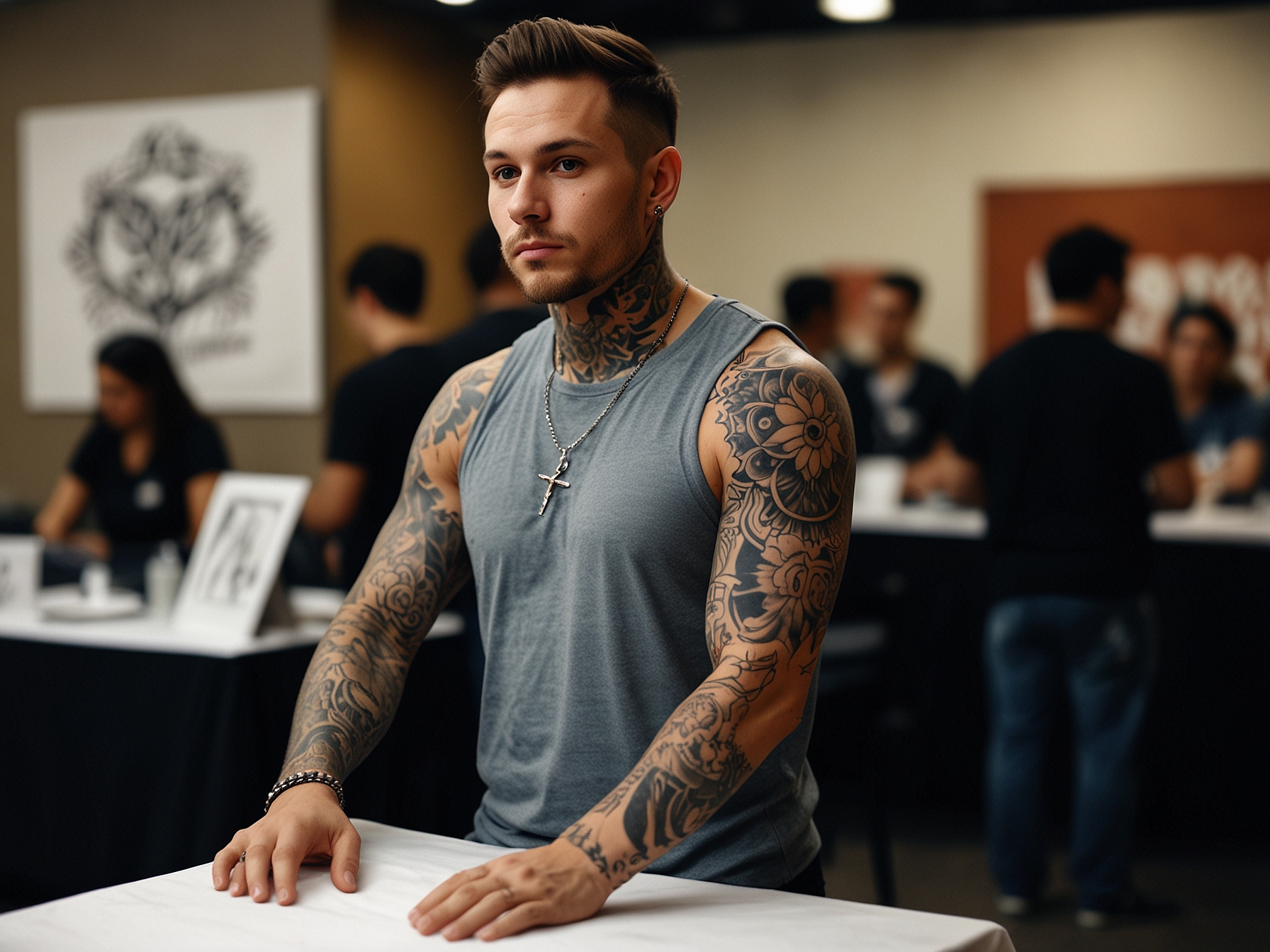 A participant proudly displays their intricate sleeve tattoo for a contest at the Toronto Tattoo Convention, capturing the event's competitive and community spirit.