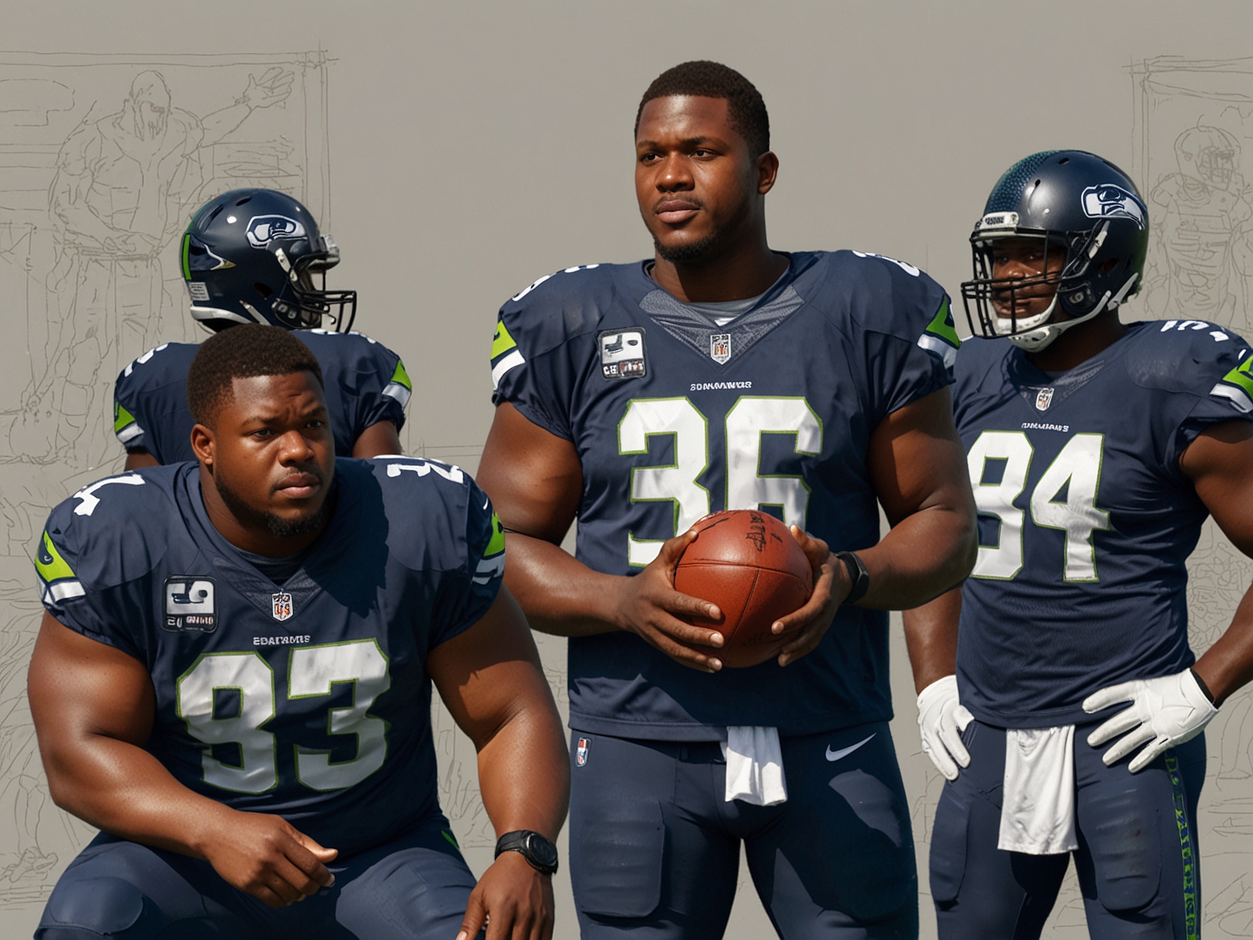 Laken Tomlinson, in his Seahawks uniform, instructing younger teammates during a practice session, embodying his leadership role on the team's offensive line.